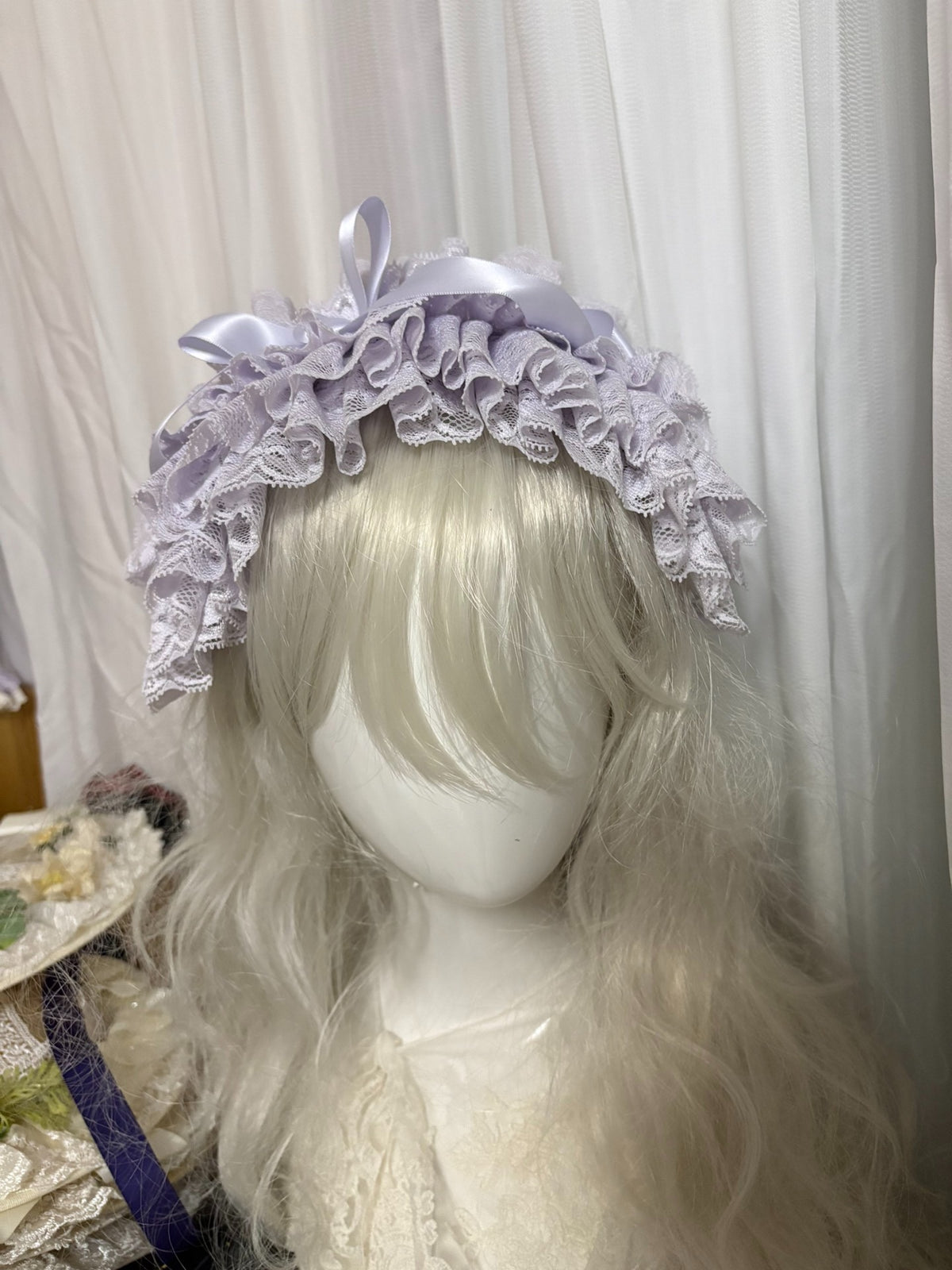 Lavender Lace Ruffle Headpiece with Satin Bow