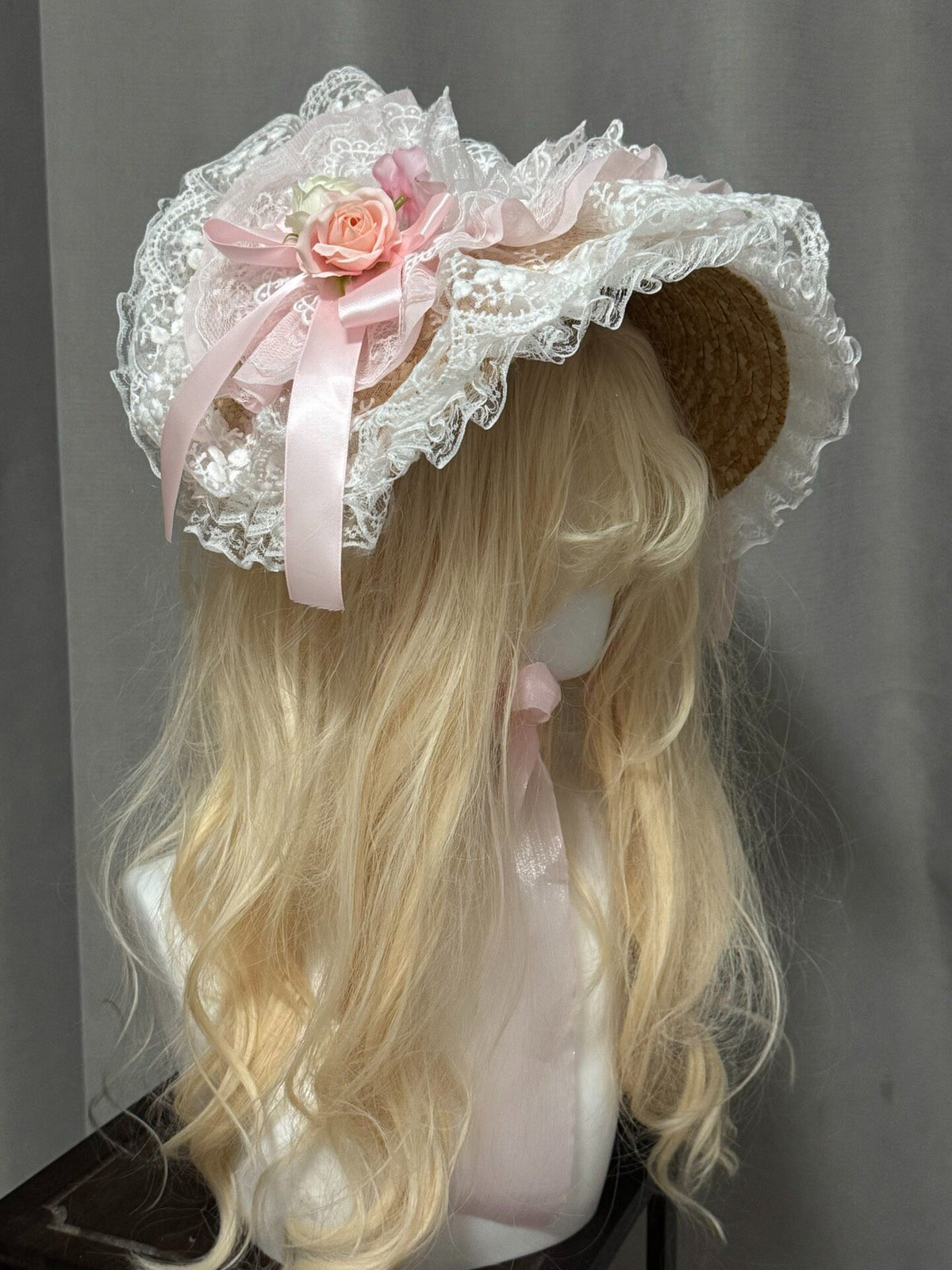 Handmade Straw Bonnet Pink Lace Lolita