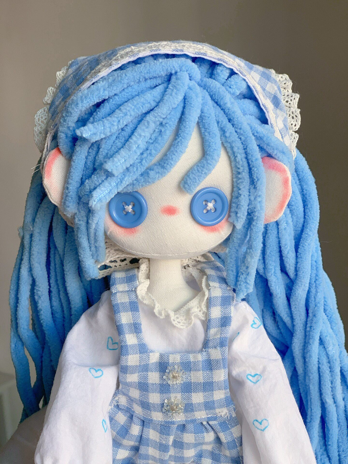 Handmade 32cm Fabric Doll Blue Gingham Dress