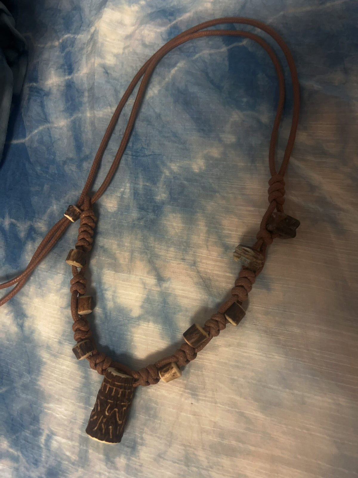 Handmade Carved Antler Necklace with Agate Beads