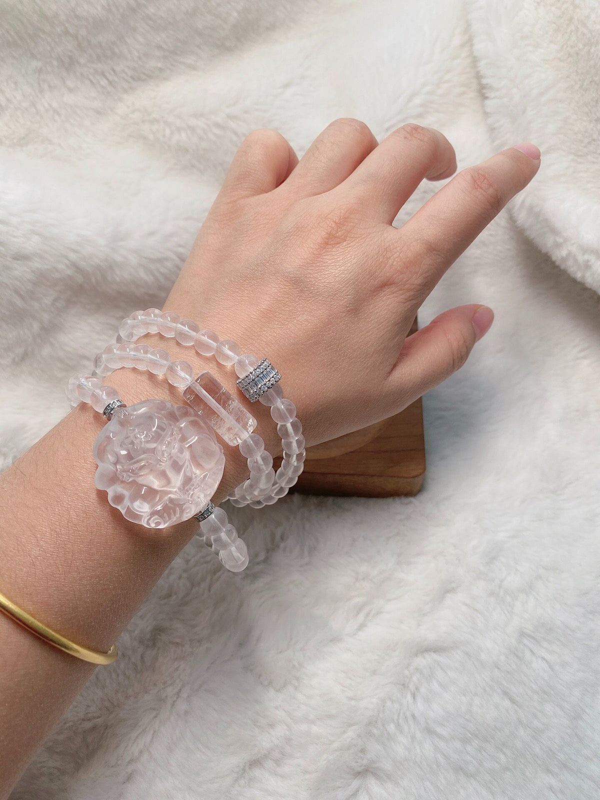 Milky White Crystal Triple Wrap Fox Bracelet
