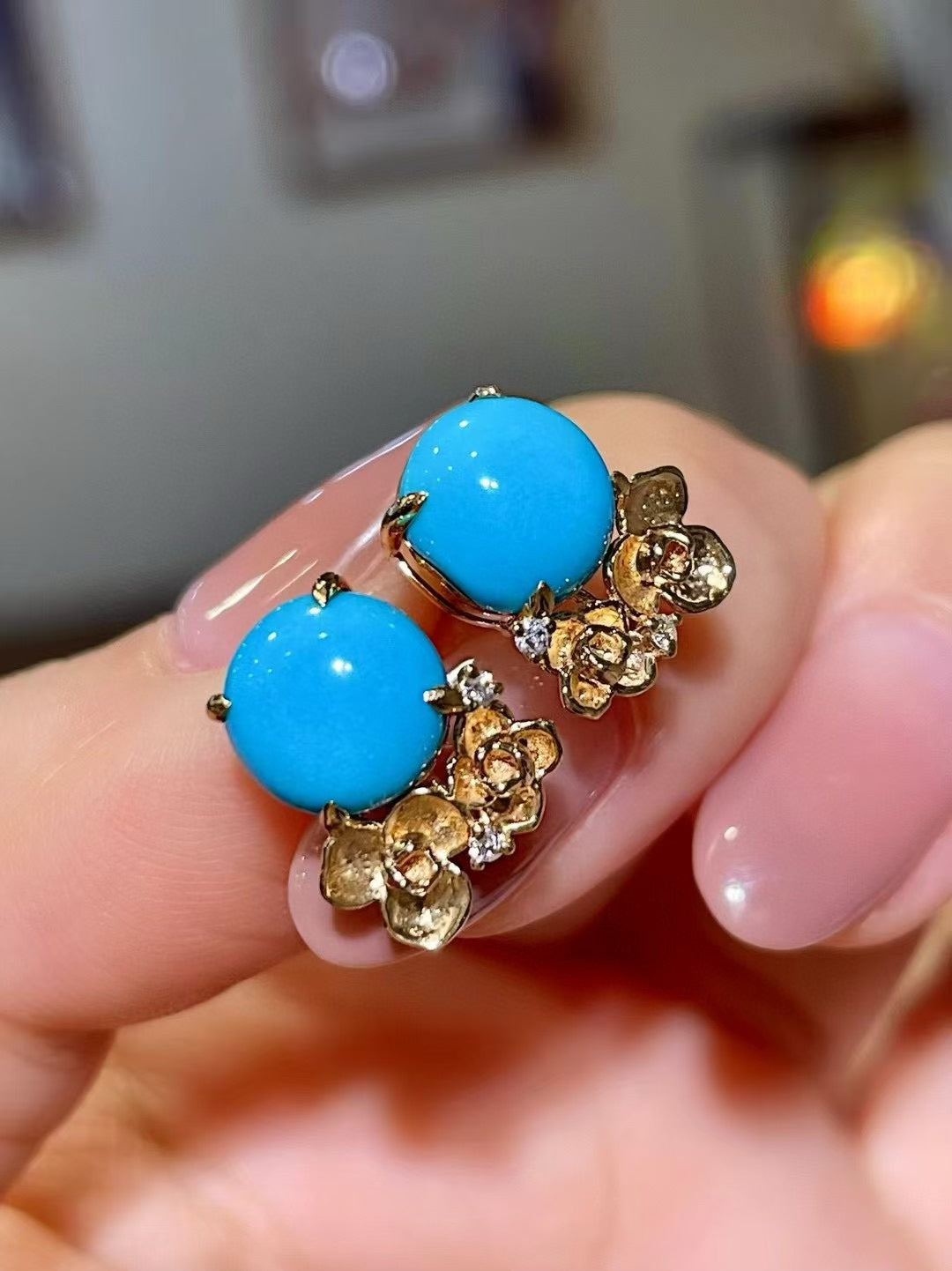 18K Gold Sleeping Beauty Turquoise Stud Earrings with Floral Diamond Accents