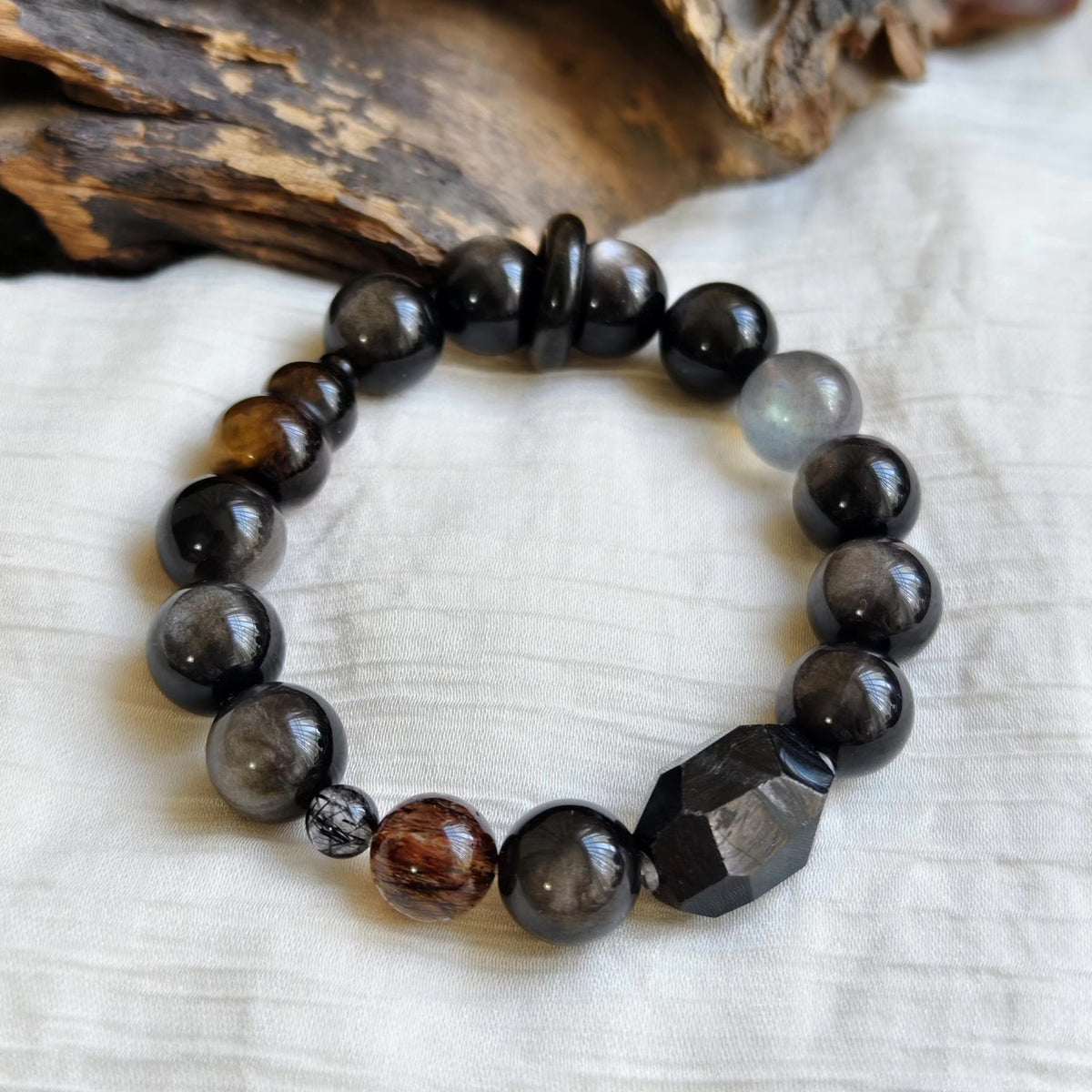 Silver Obsidian Beaded Bracelet