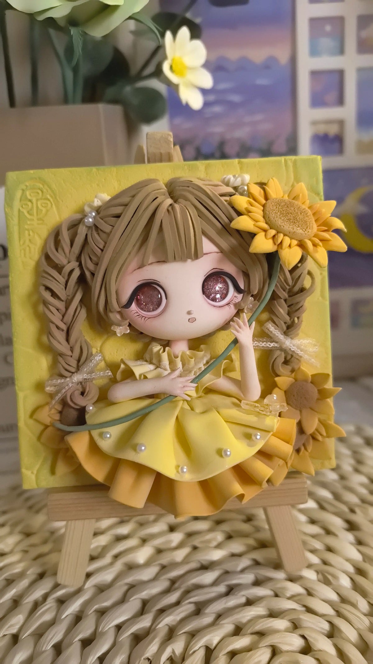 Sunflower Clay Girl Figure in Square Frame