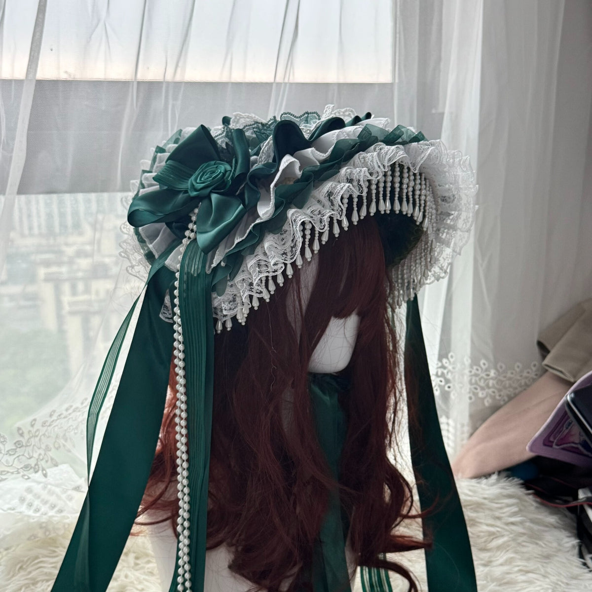 Handcrafted Lolita Bonnet Hat with Pearl Beads