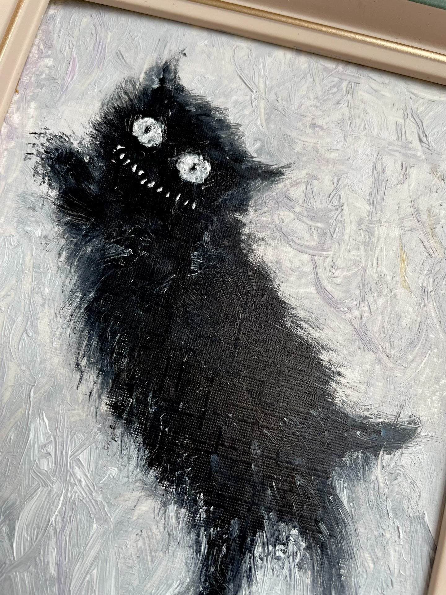 Hand-Painted Oil Black Cat Artwork, 16x21cm Framed