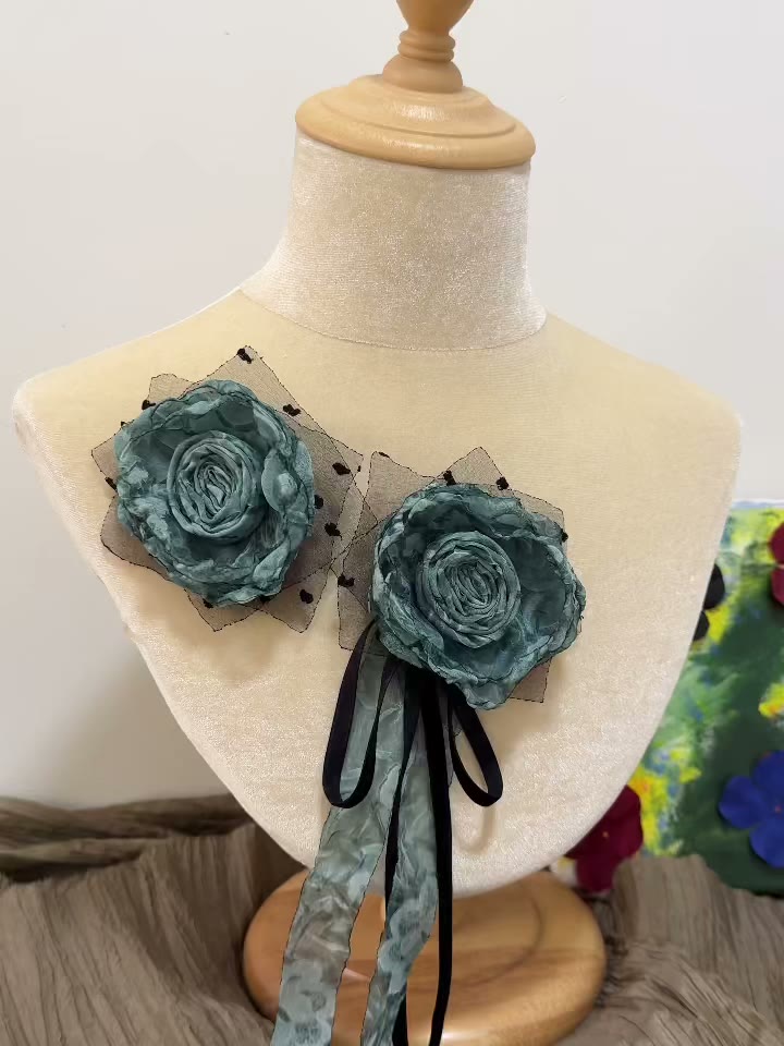 Handmade Fabric Rose Brooch Teal Tulle