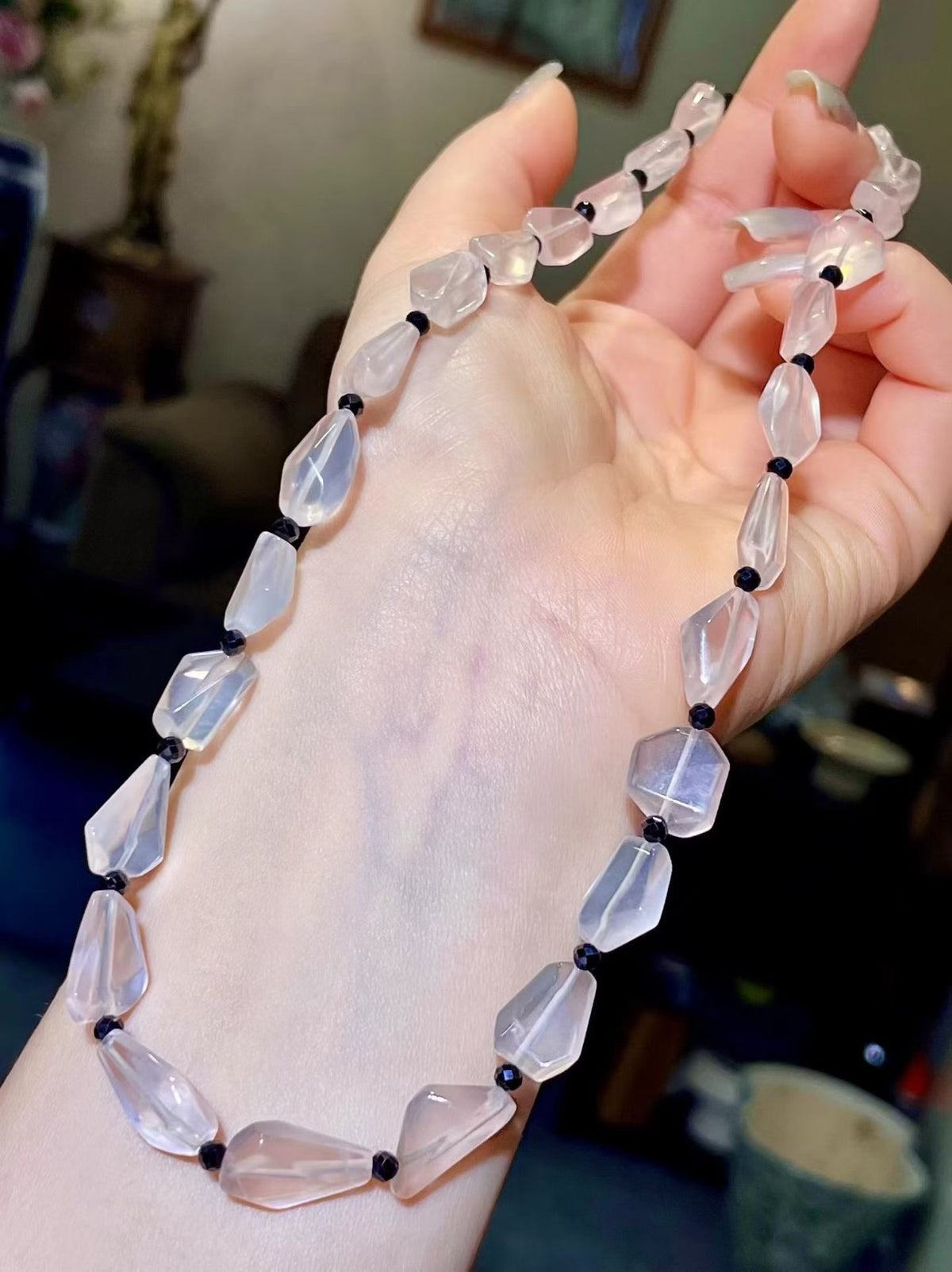 Rose Quartz and Black Spinel Beaded Necklace
