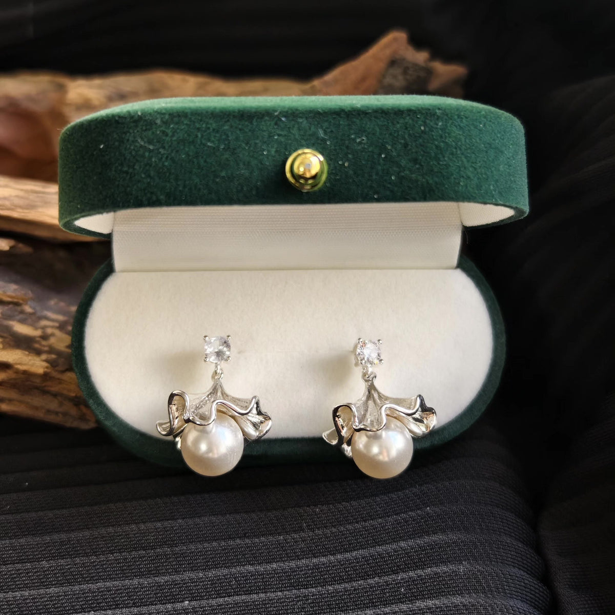 Ruffled Skirt Dangle Stud Earrings with Pearls
