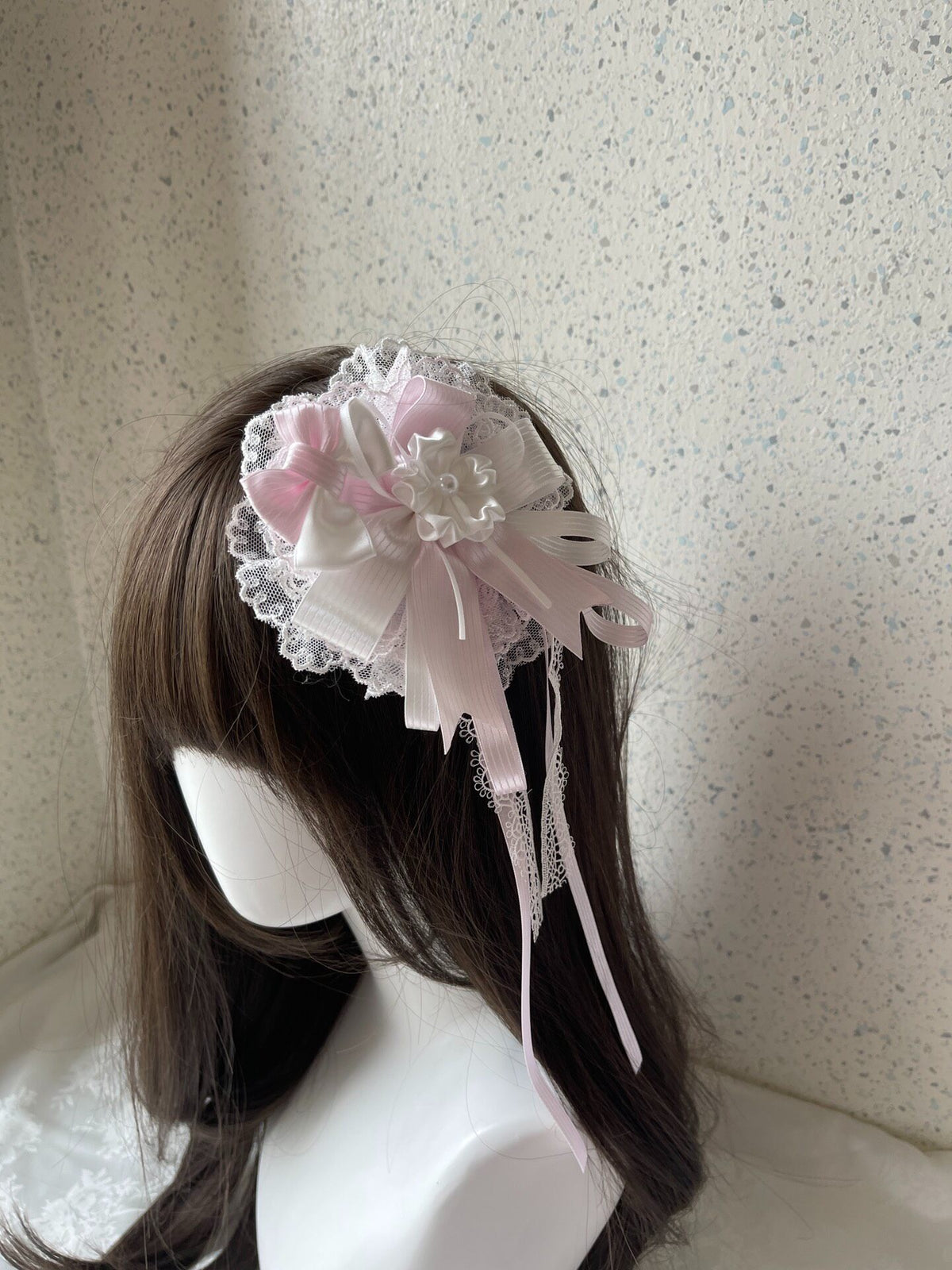 Handmade Lolita Pink White Bow Side Clip