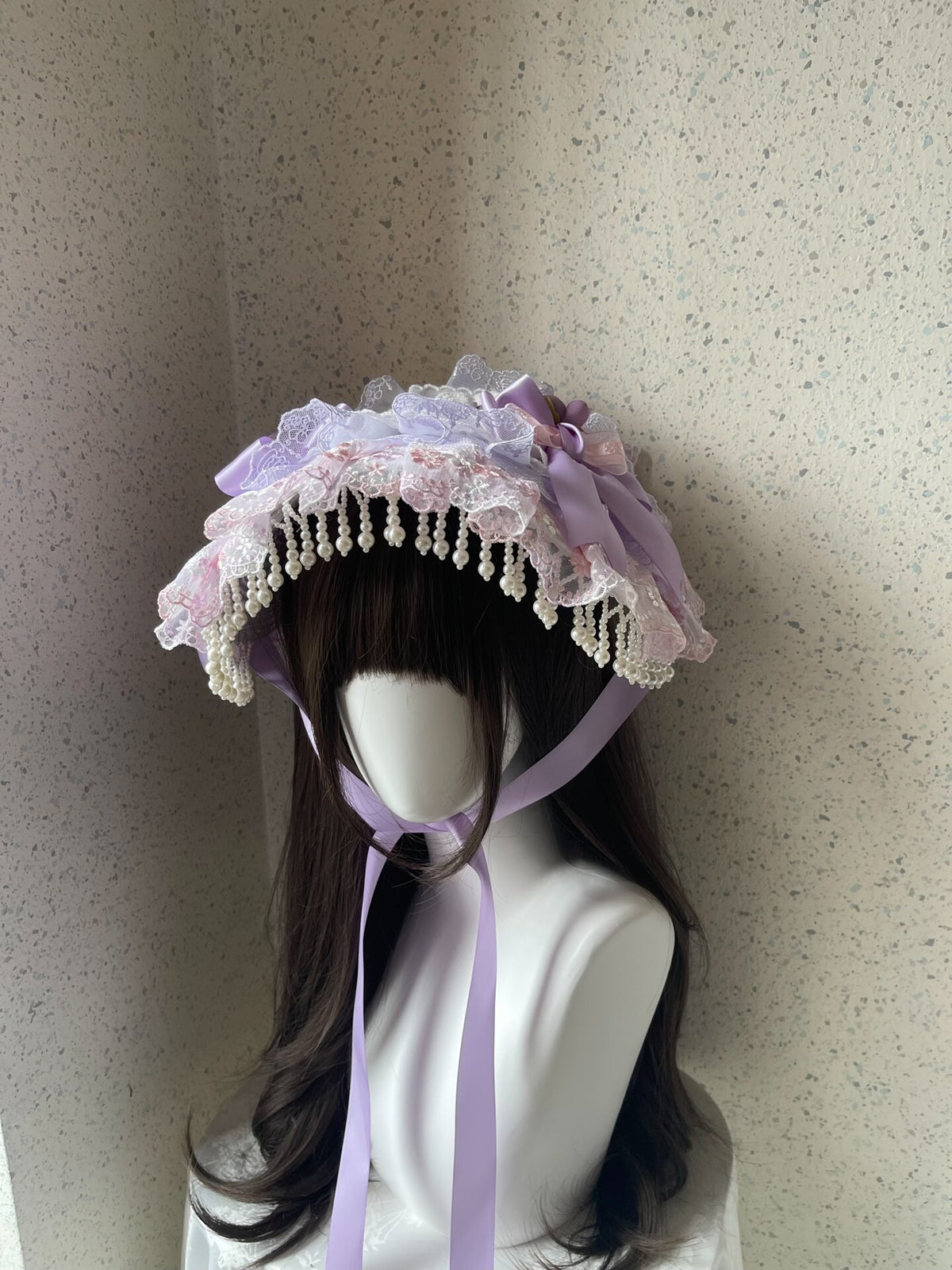 Lolita Lace Bonnet with Pearl Trim