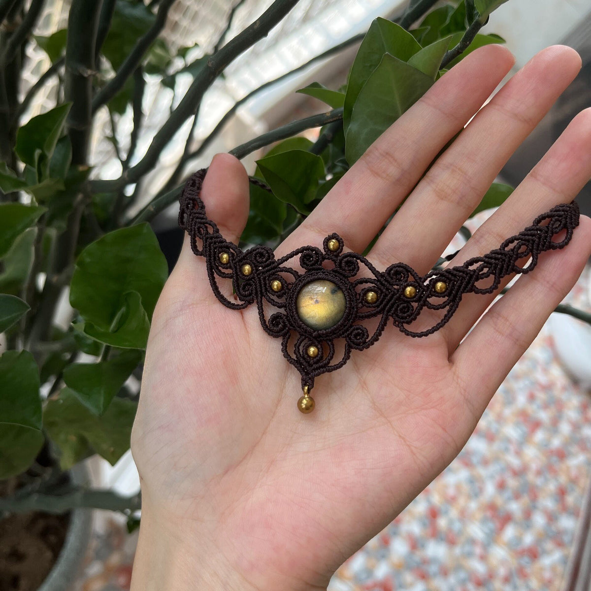Macrame Waxed Cord Necklace with Labradorite