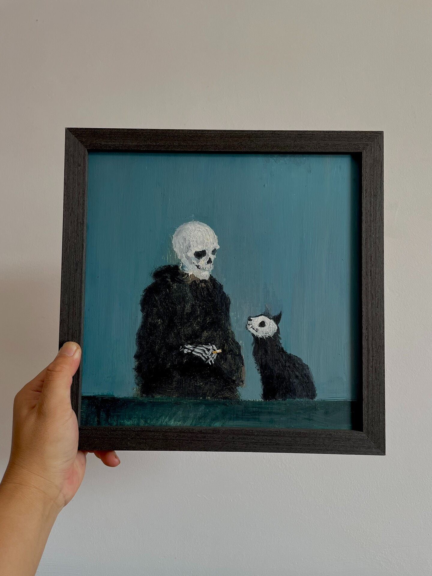 20x20cm Hand-Painted Oil Easel Painting, Skeleton Figure with Cat