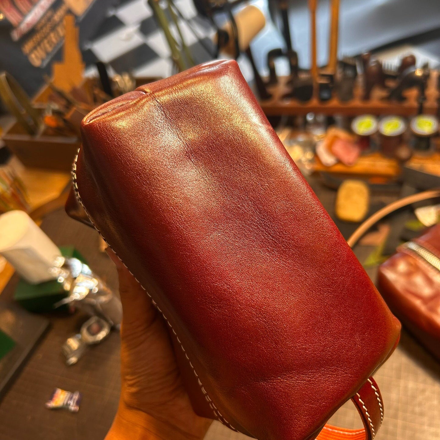 Reddish-Brown Full-Grain Leather Rectangular Pouch with Dual-Zipper Closure