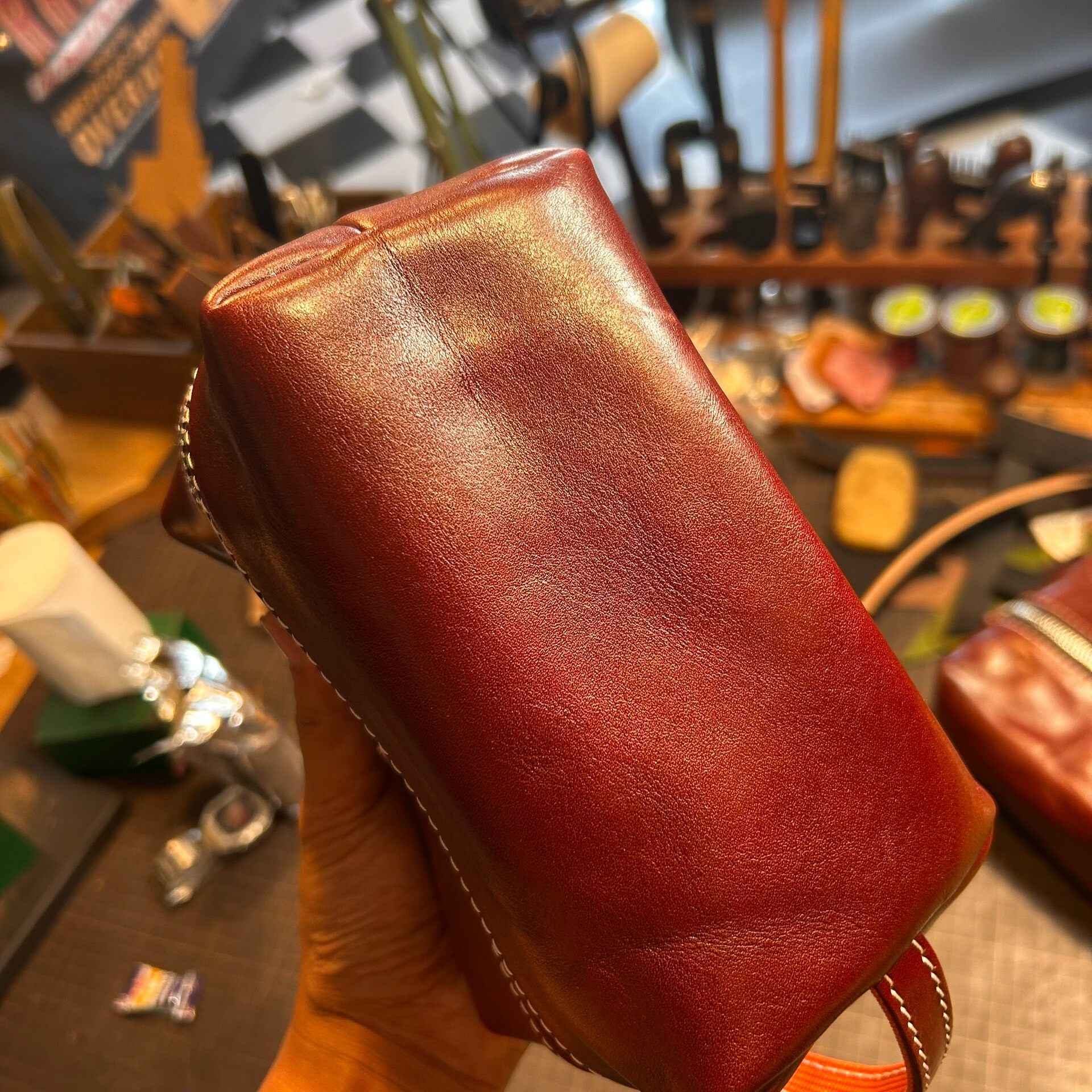 Reddish-Brown Full-Grain Leather Rectangular Pouch with Dual-Zipper Closure