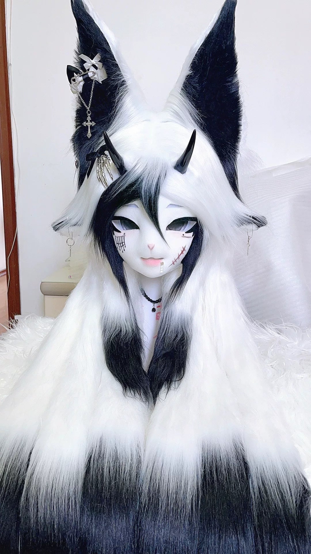 Furry Beast Head Cowl Zwart-wit Vacht