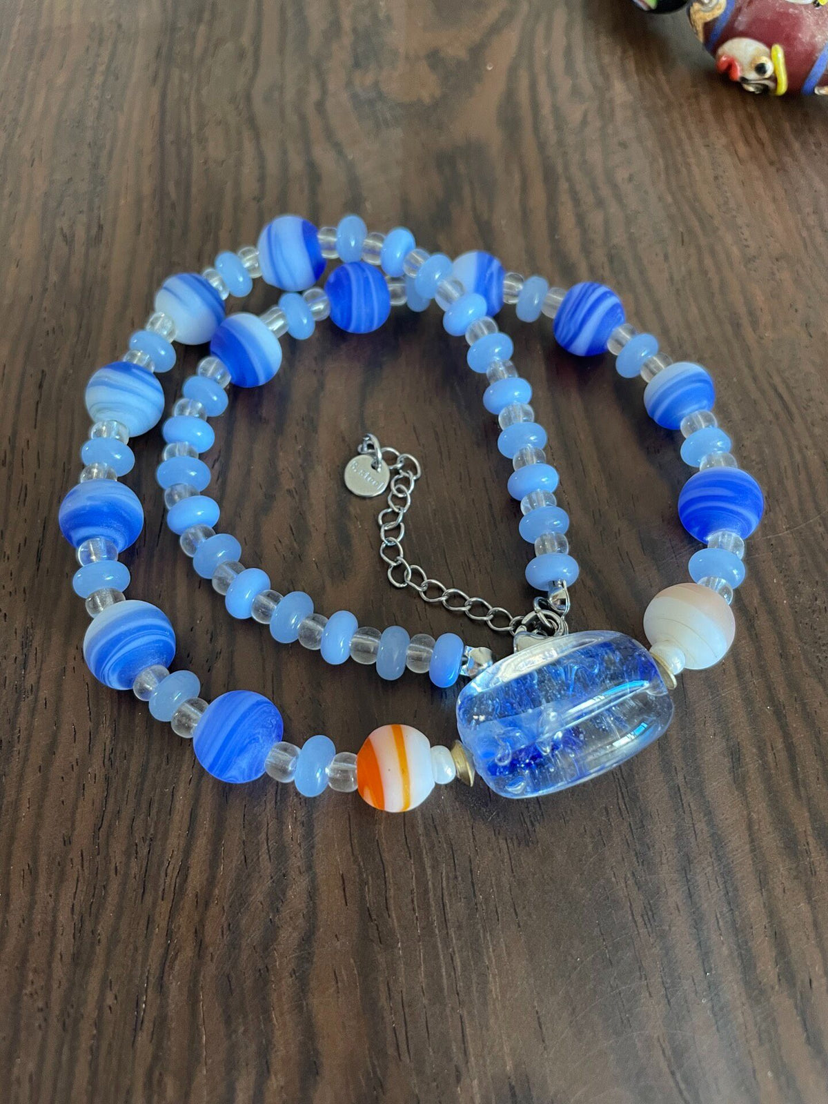 Blue Glass Beaded Necklace with Crystal Accents