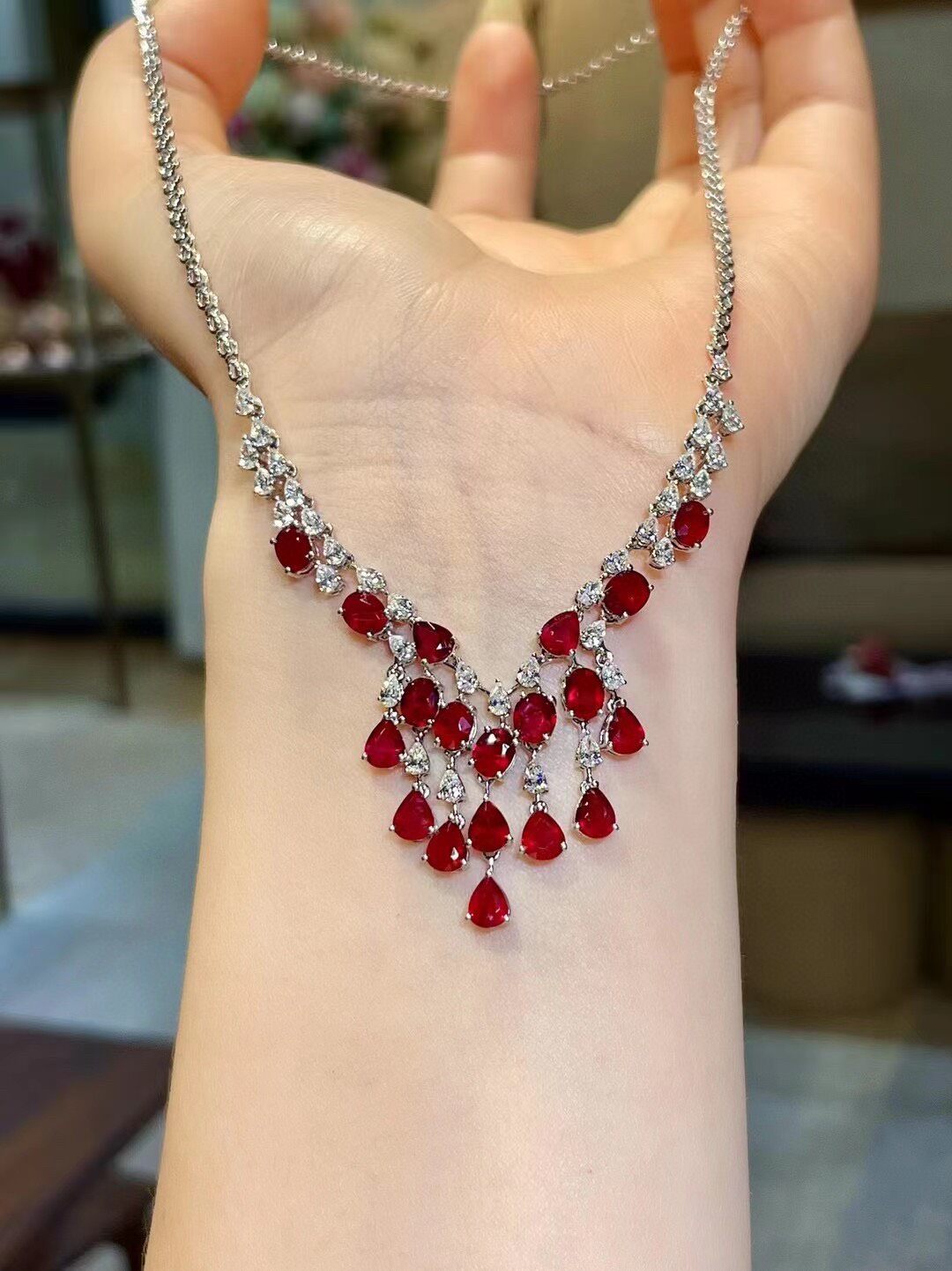 18K Gold Ruby and Diamond V-Shaped Necklace, 6.72ct Ruby, 2.25ct Diamond