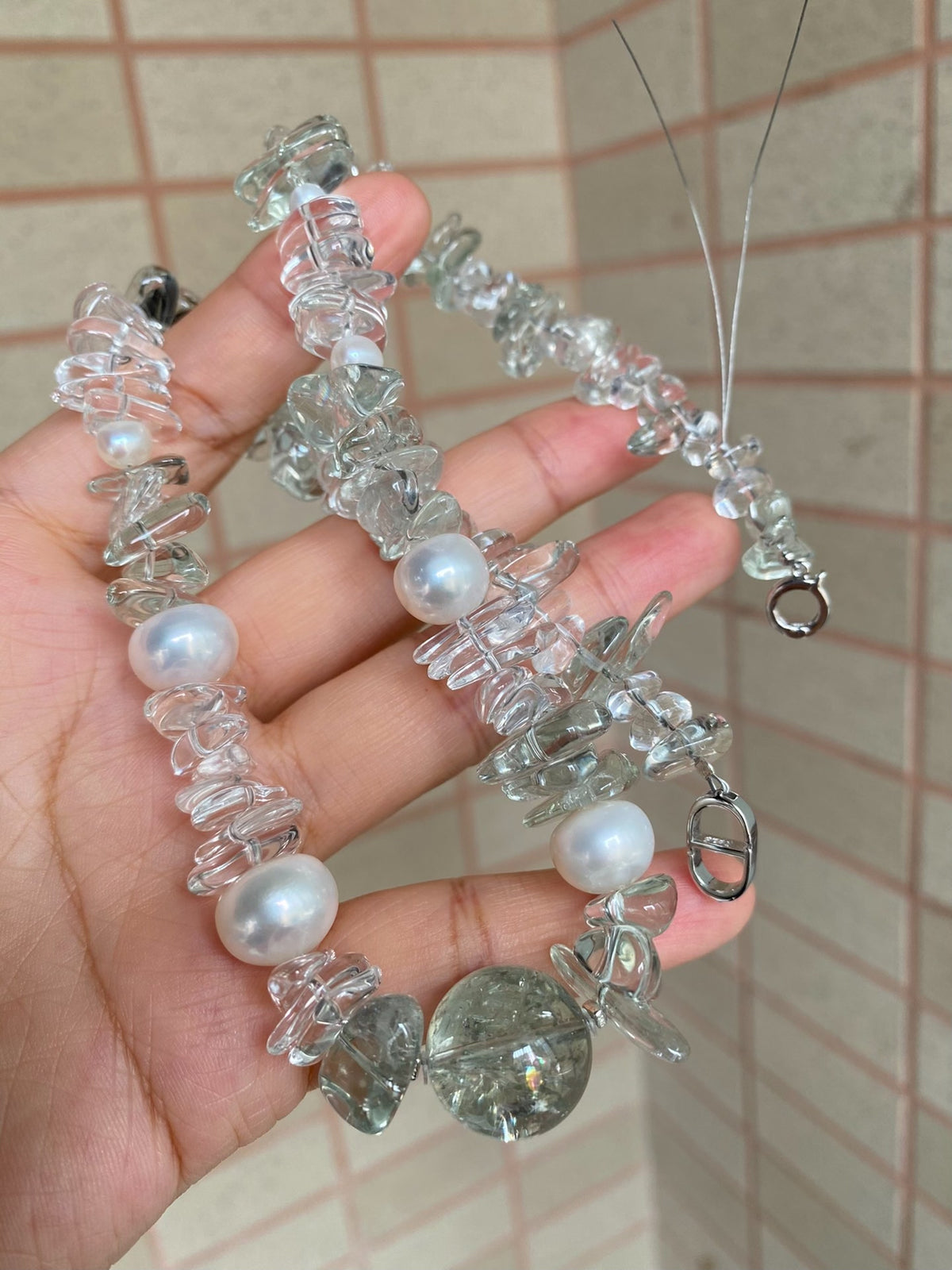 Green Crystal White Crystal Pearl Necklace