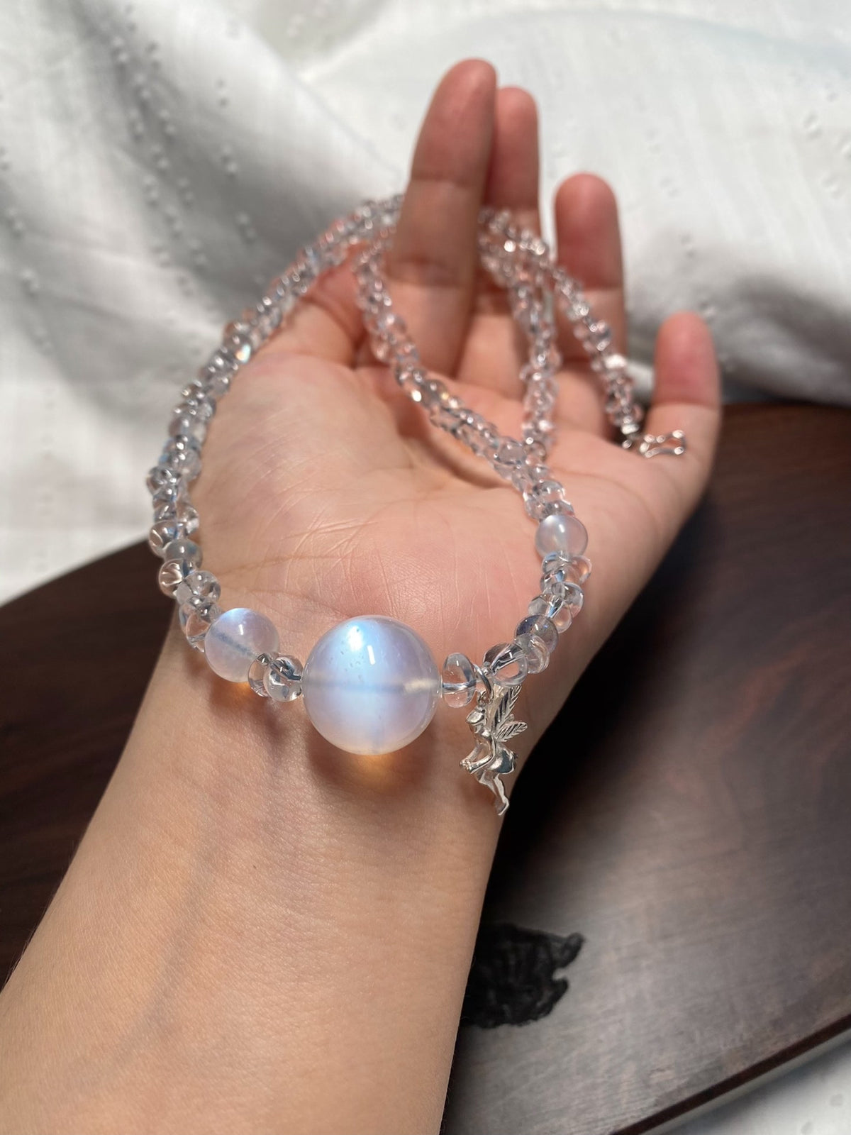 White Crystal Blue Moonstone Beaded Necklace