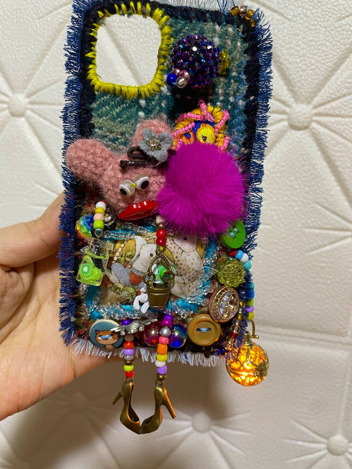 Handcrafted Patchwork Phone Case with Beadwork