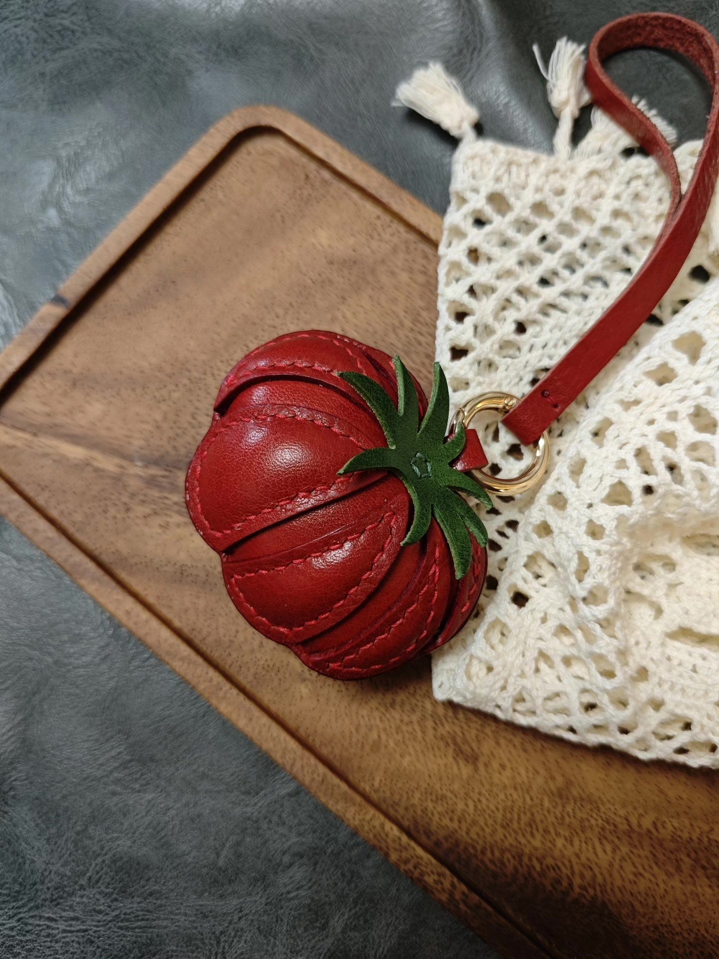 Tomato Leather Keychain with Green Calyx and Gold Ring