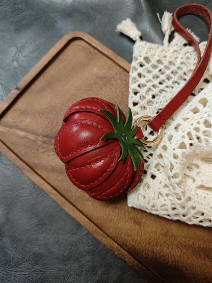 Tomato Leather Keychain with Green Calyx and Gold Ring