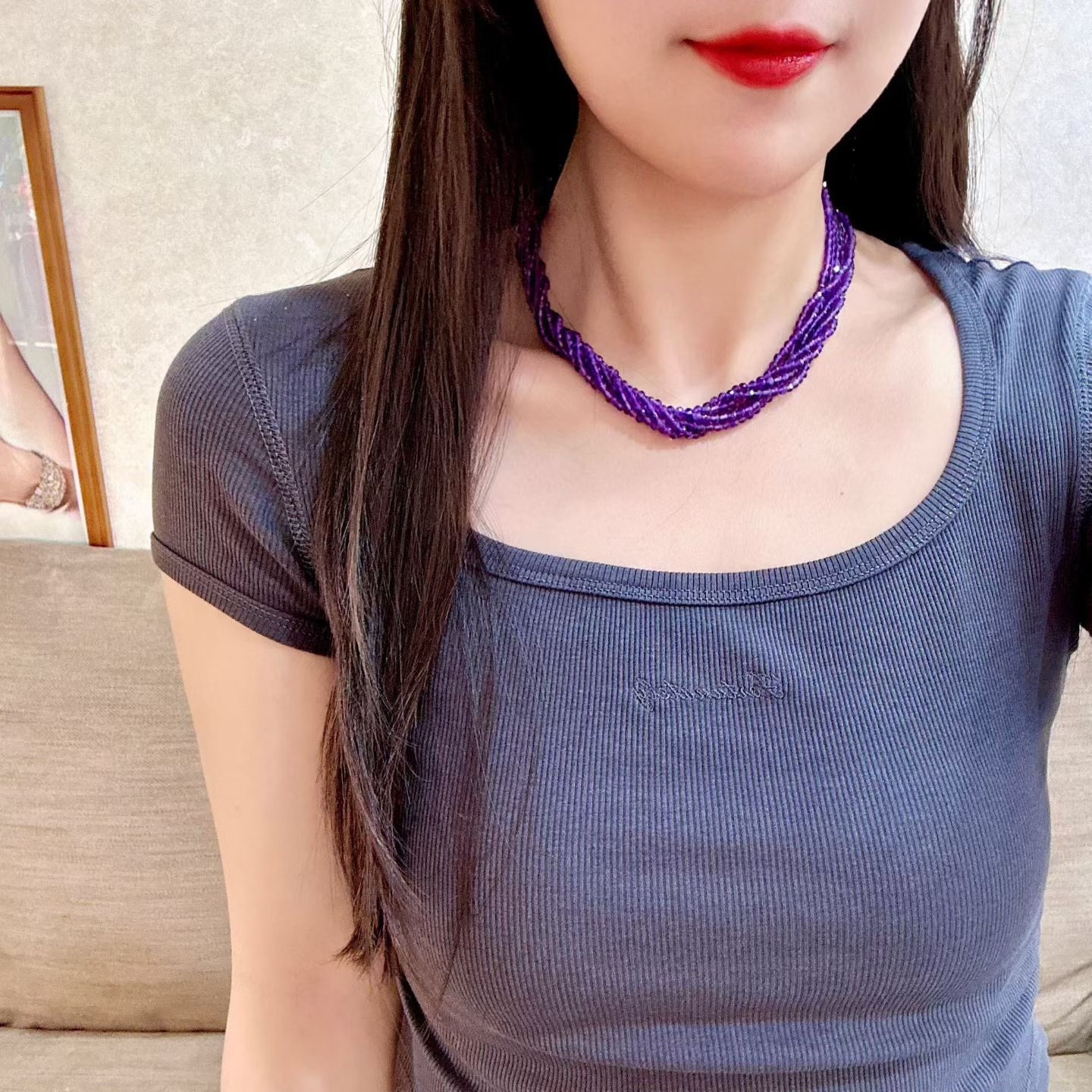 Six-Strand Amethyst Bead Necklace with Twisted Design