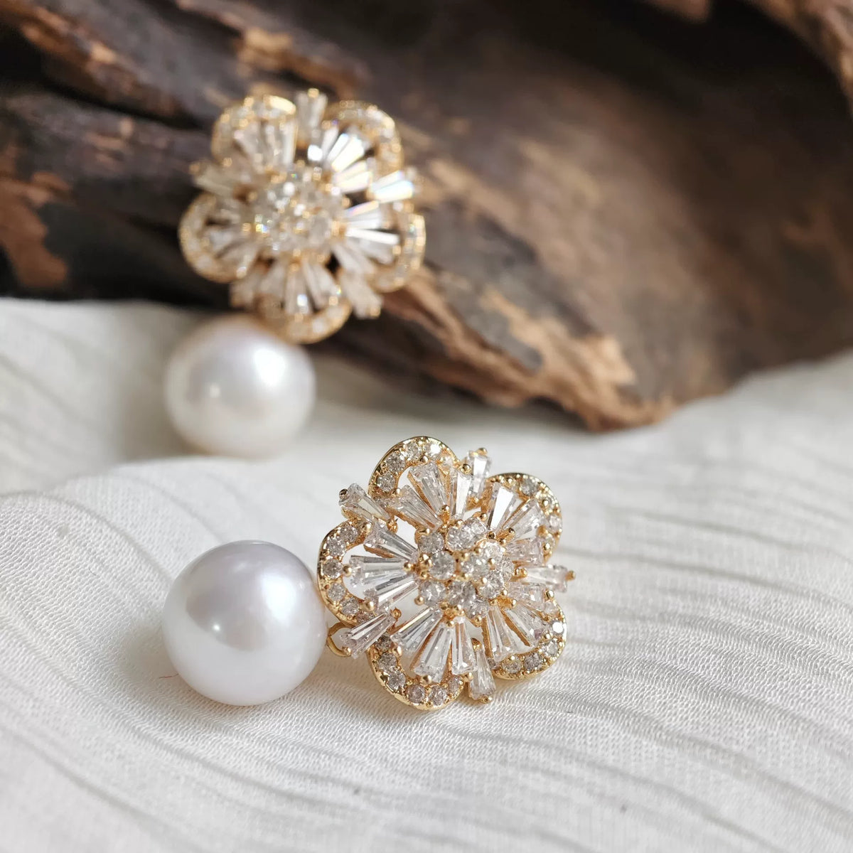 Freshwater Pearl Zirconia Floral Stud Earrings