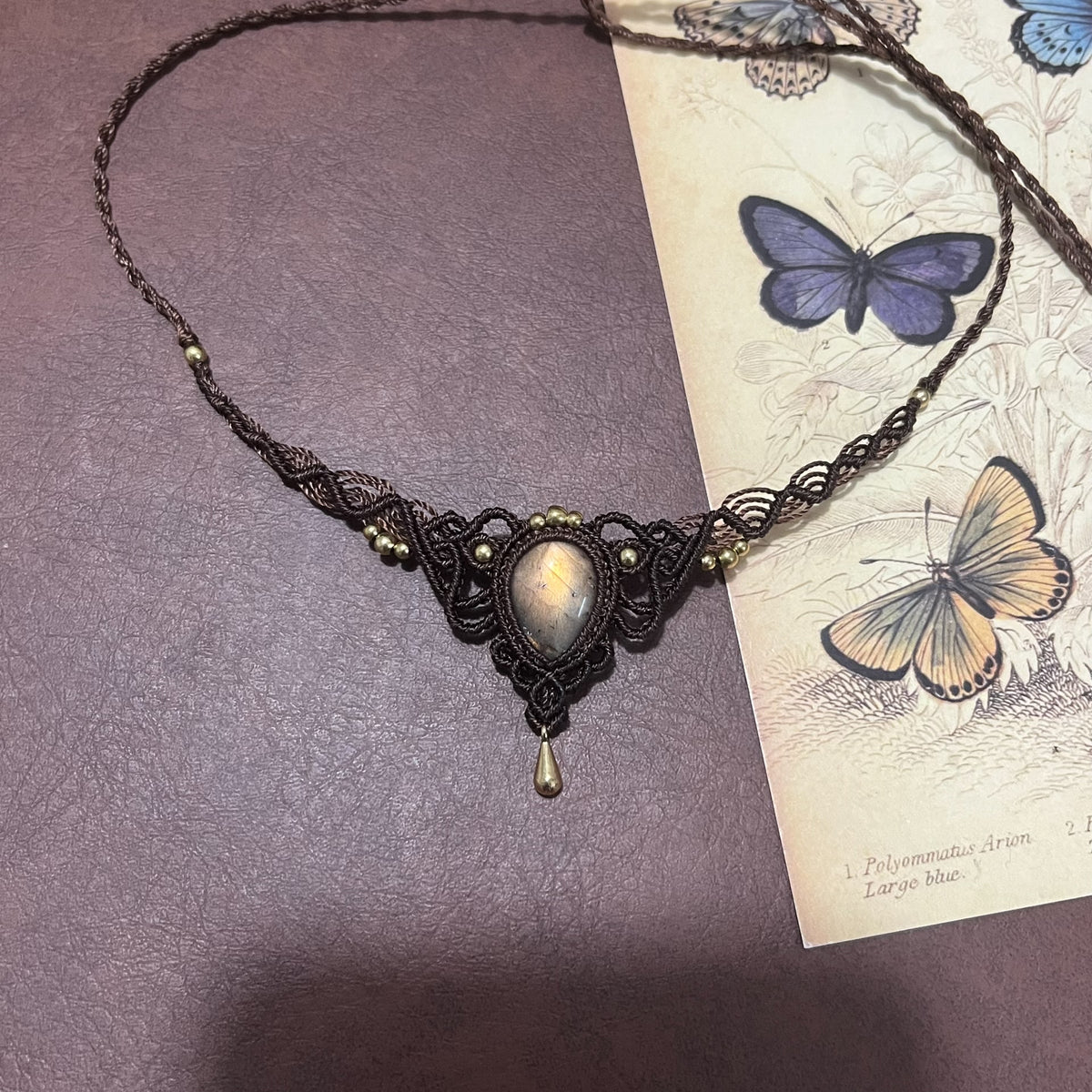 Macrame Waxed Cord Necklace with Labradorite