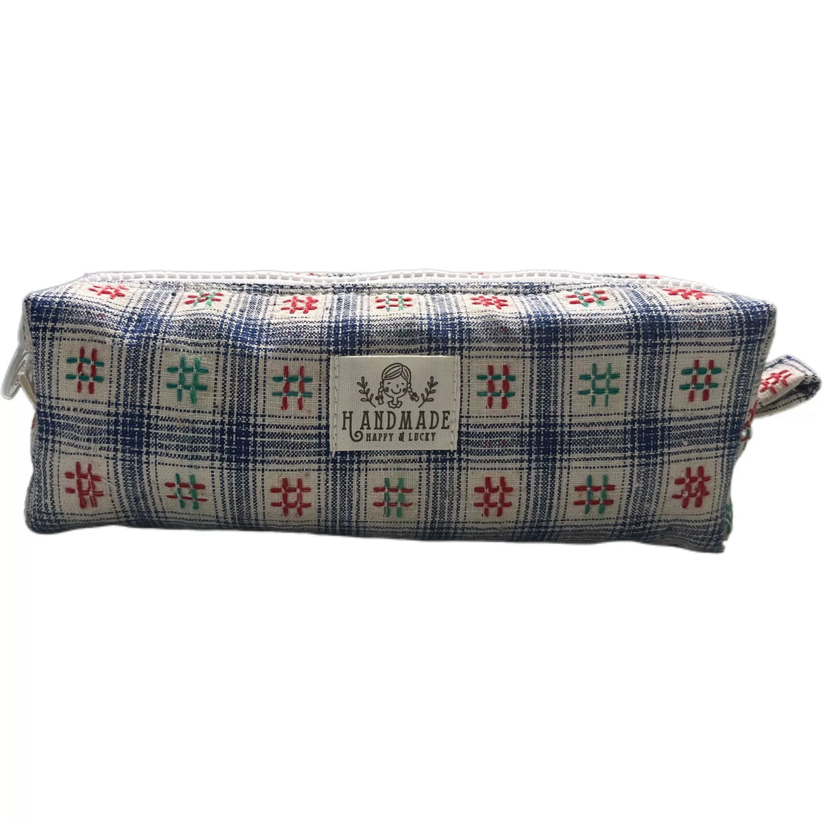 Handgewebte blau-weiße Karo-Kosmetiktasche