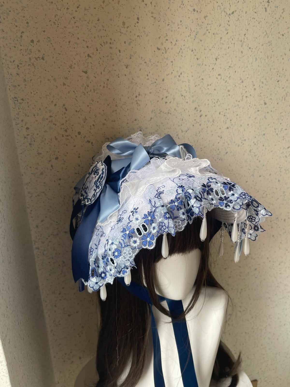Lolita Blue White Lace Flat Bonnet
