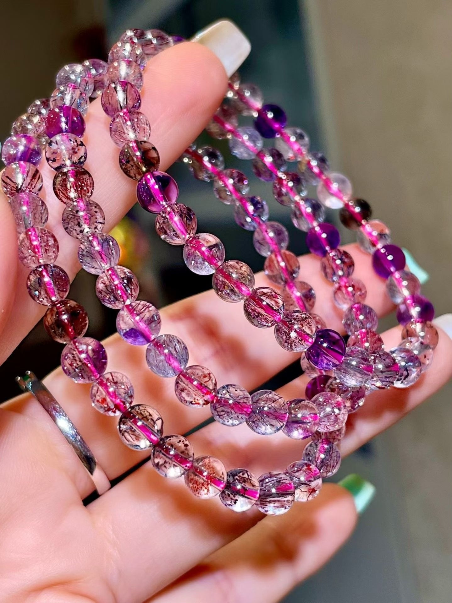 Multi-Strand Gemstone Beaded Bracelet with Pink and Purple Hues, Clear Crystals with Needle-Like Inclusions