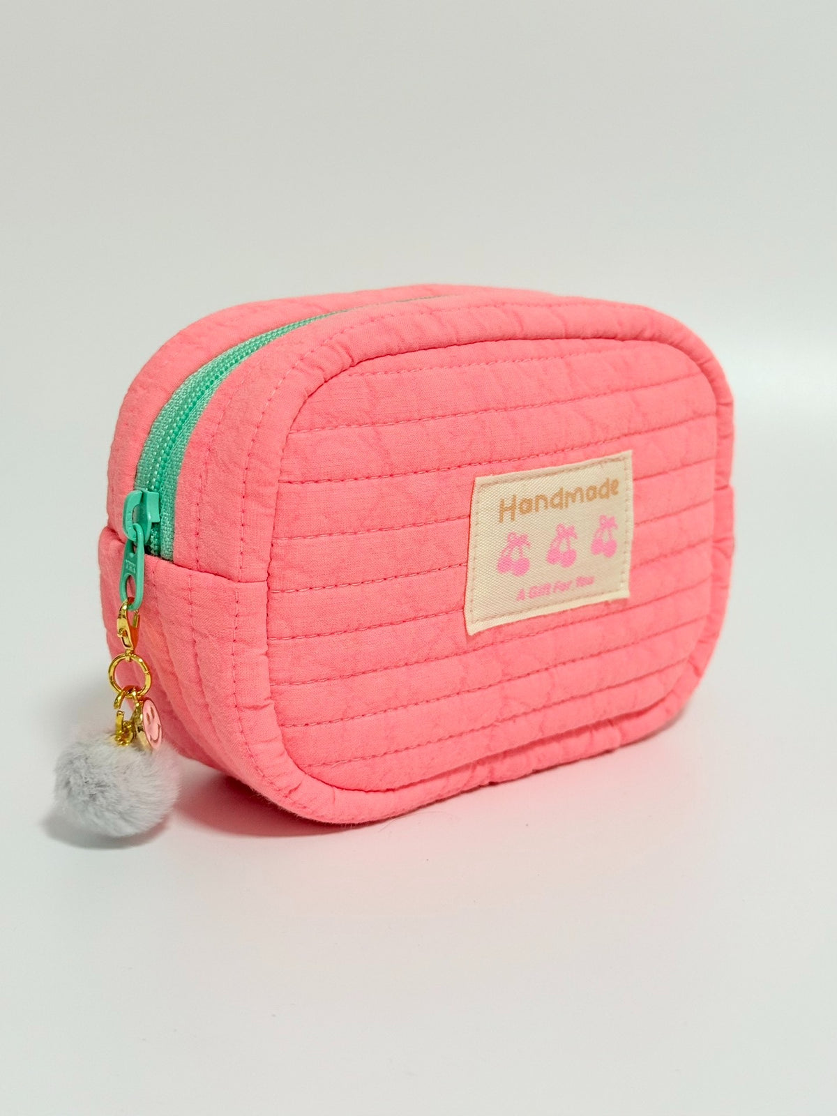 Fluorescent Pink Quilted Storage Bag with Pom Pom