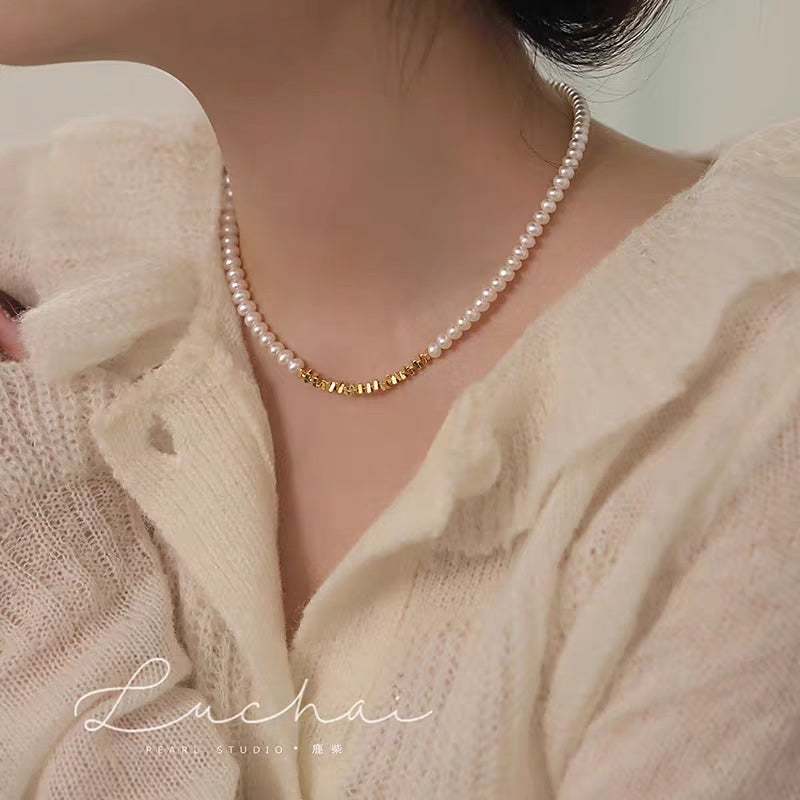 Freshwater Pearl Gold Bead Necklace