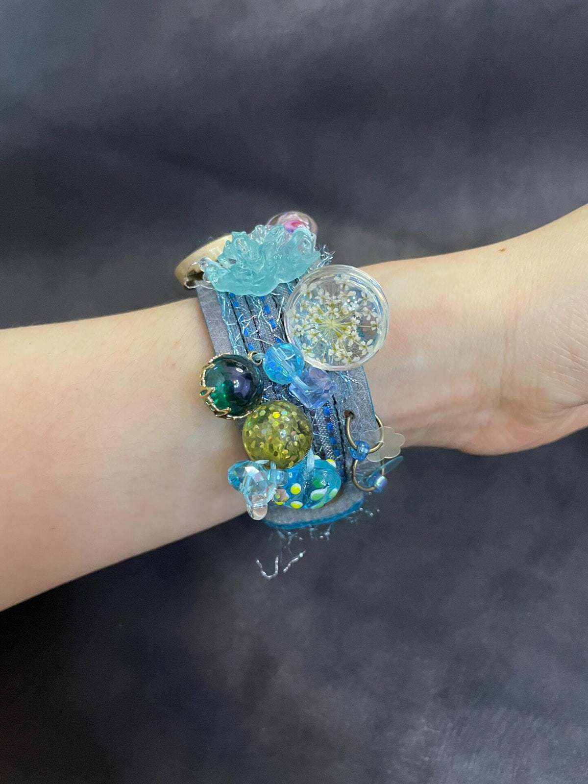 Distressed Leather Cuff Bracelet with Resin Charms
