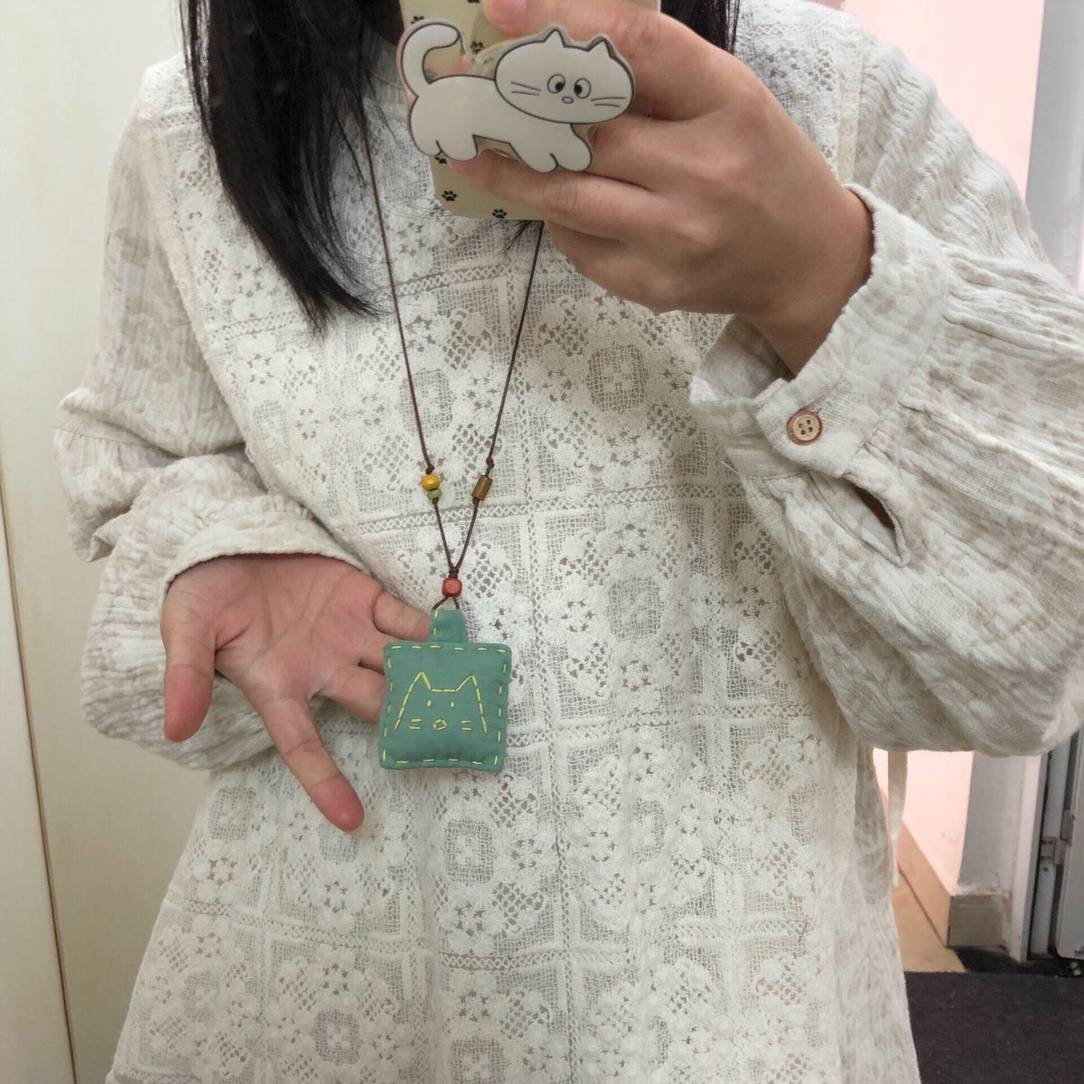 Sage Green Cat Embroidery Pendant Necklace