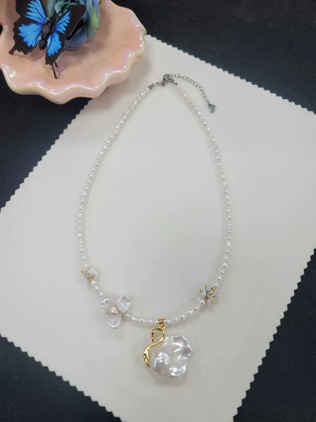Baroque Pearl Swan Necklace Gold Tone