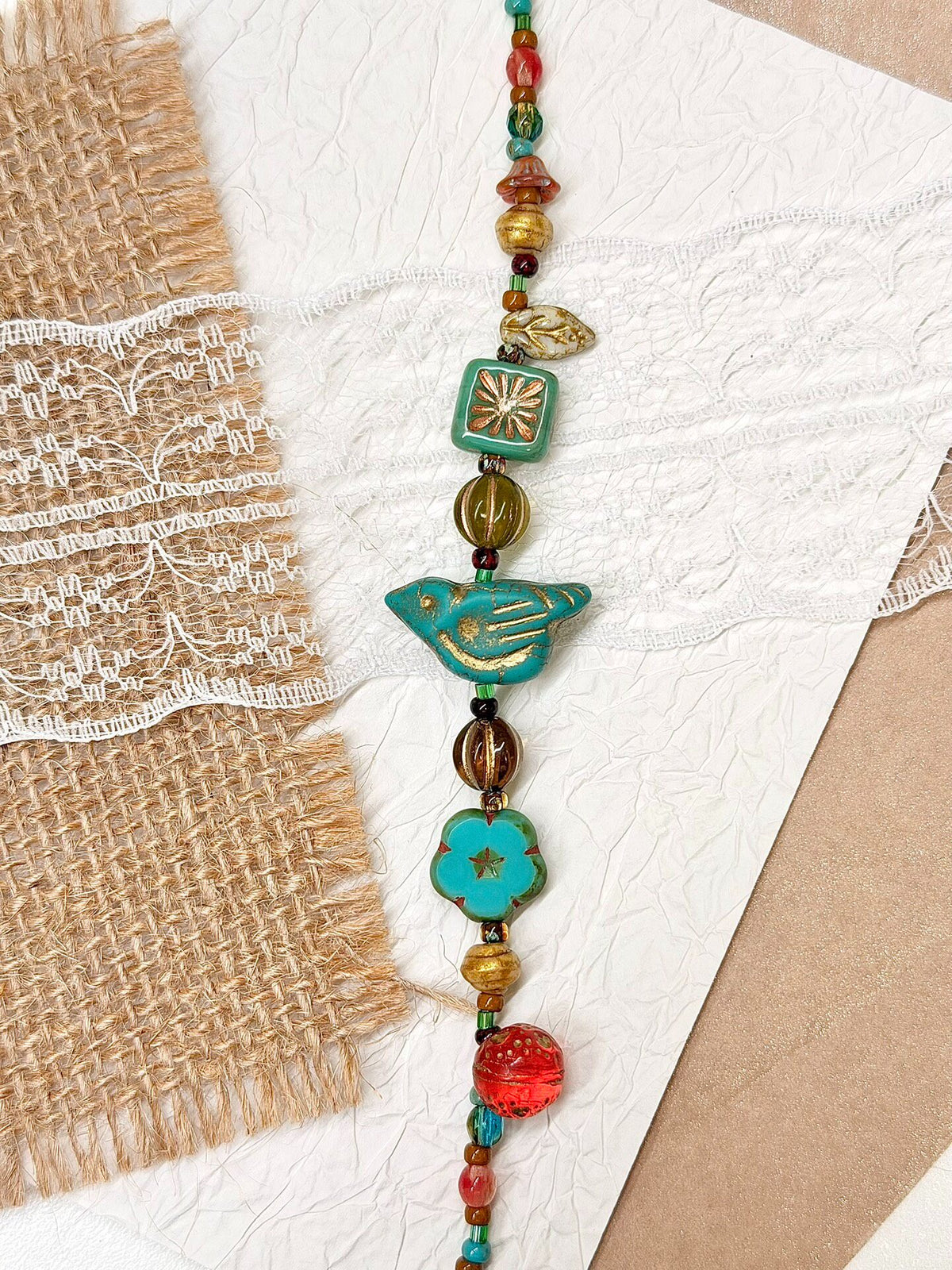 Bird Floral Czech Glass Bead Bracelet
