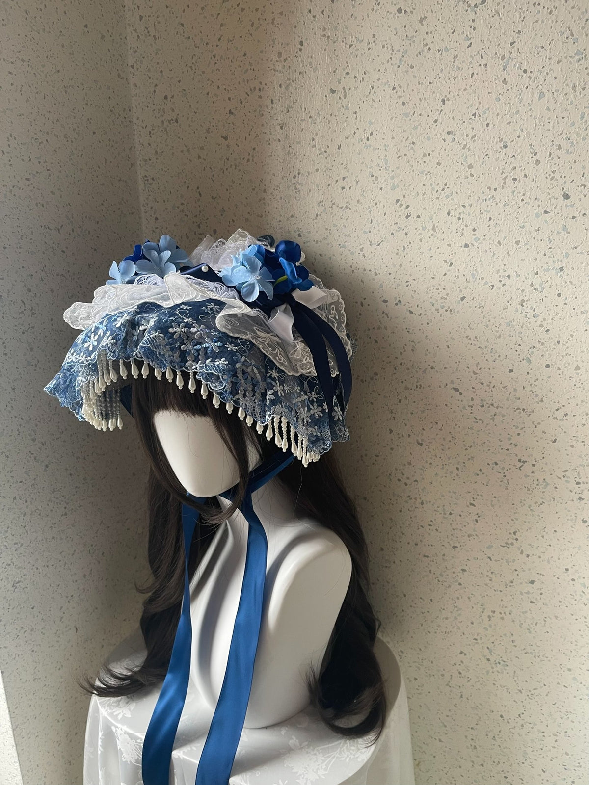 Lolita Blue White Lace Bonnet Handmade