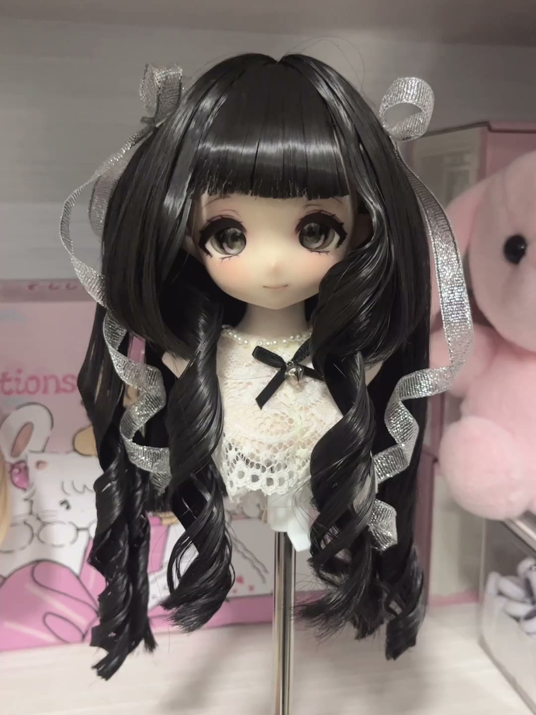 Doll Wig Black Curly Silver Ribbons
