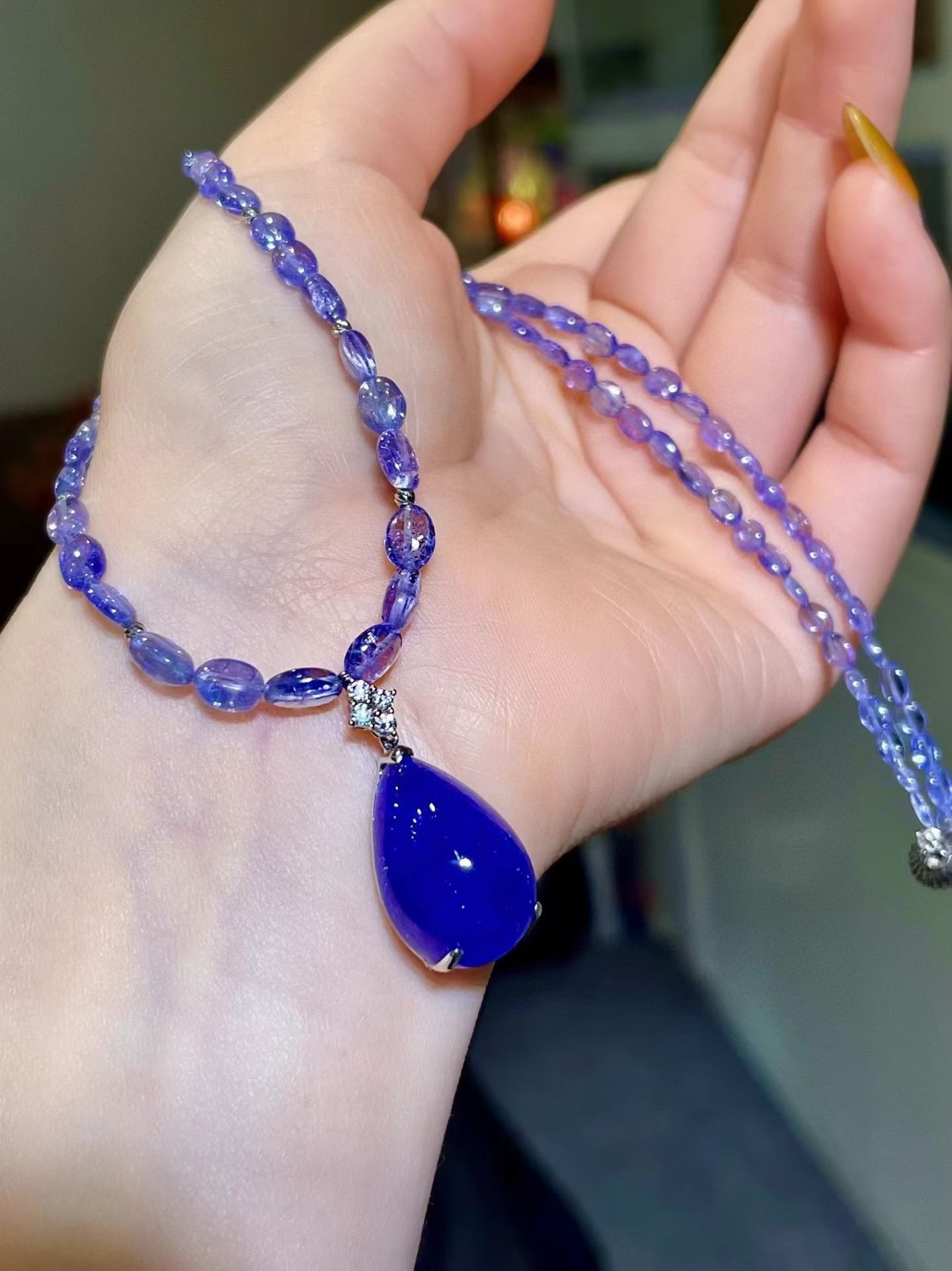 Deep Blue Teardrop Tanzanite Pendant Necklace with Violet Gemstone Chain