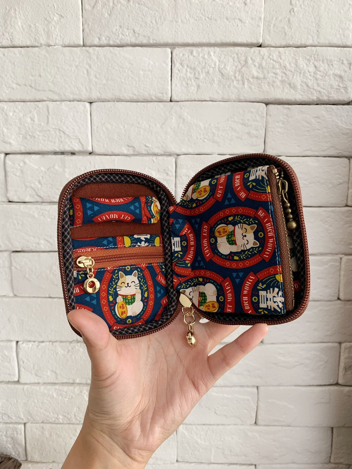 Navy Maneki-neko Zippered Pouch