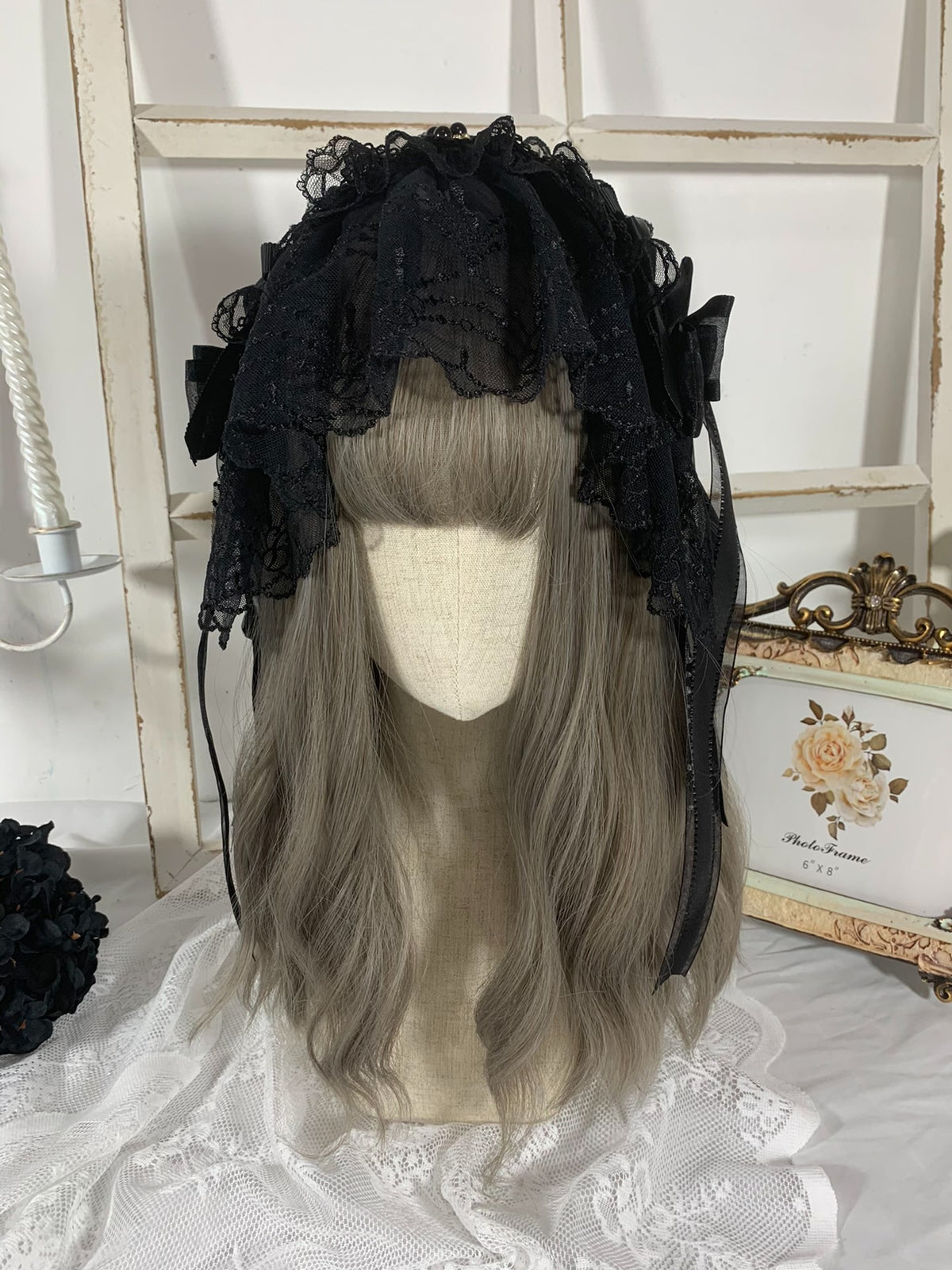 Diadema de encaje negro con lazo Gothic Lolita