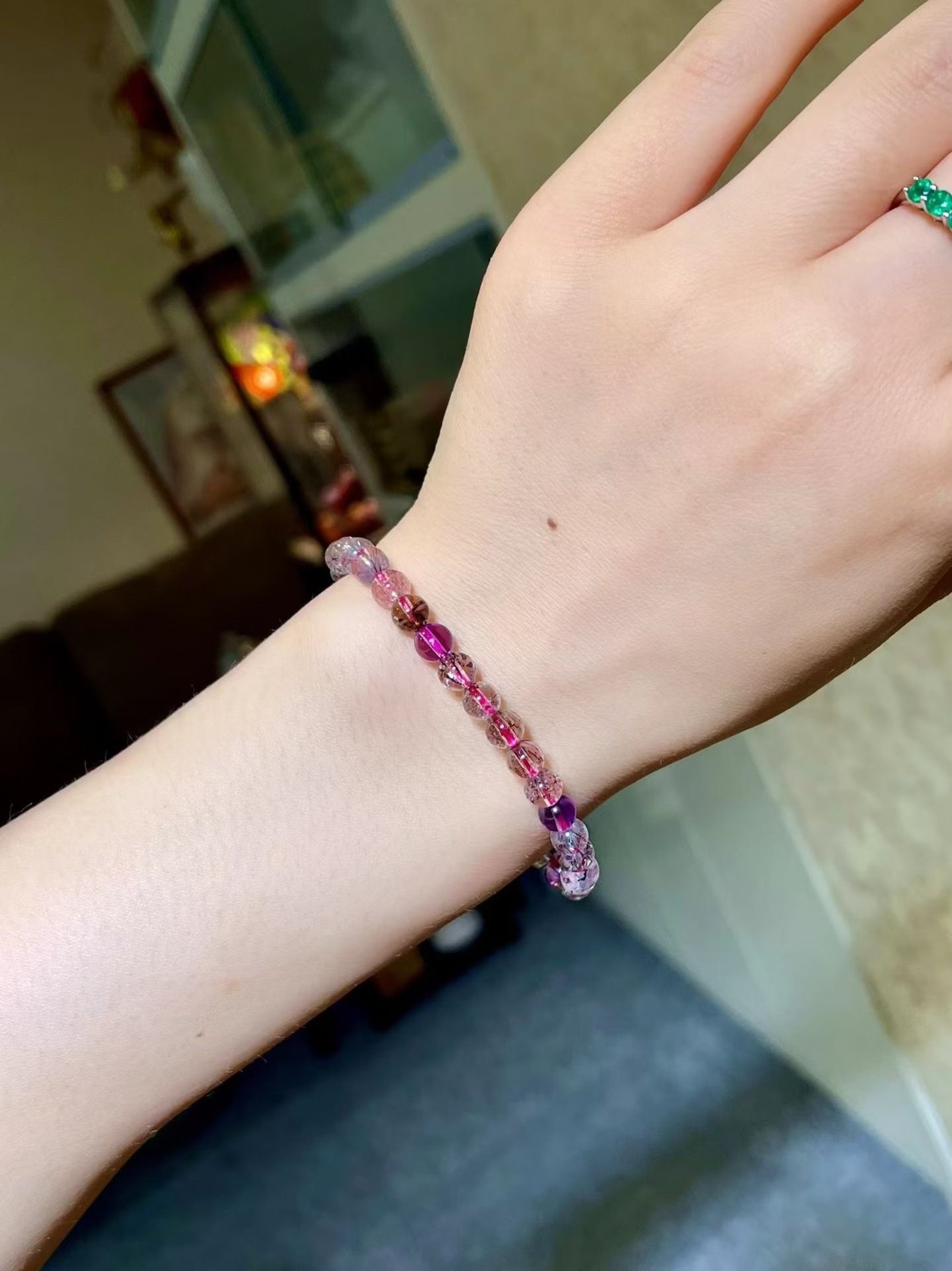 Multi-Strand Gemstone Beaded Bracelet with Pink and Purple Hues, Clear Crystals with Needle-Like Inclusions