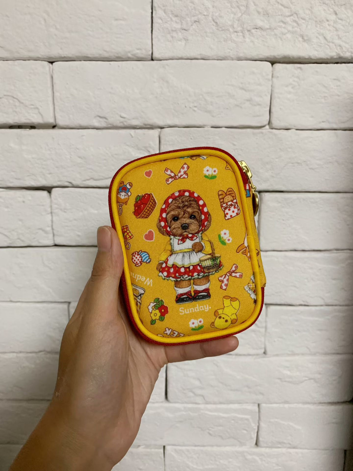 Yellow Cotton Poodle Print Pouch
