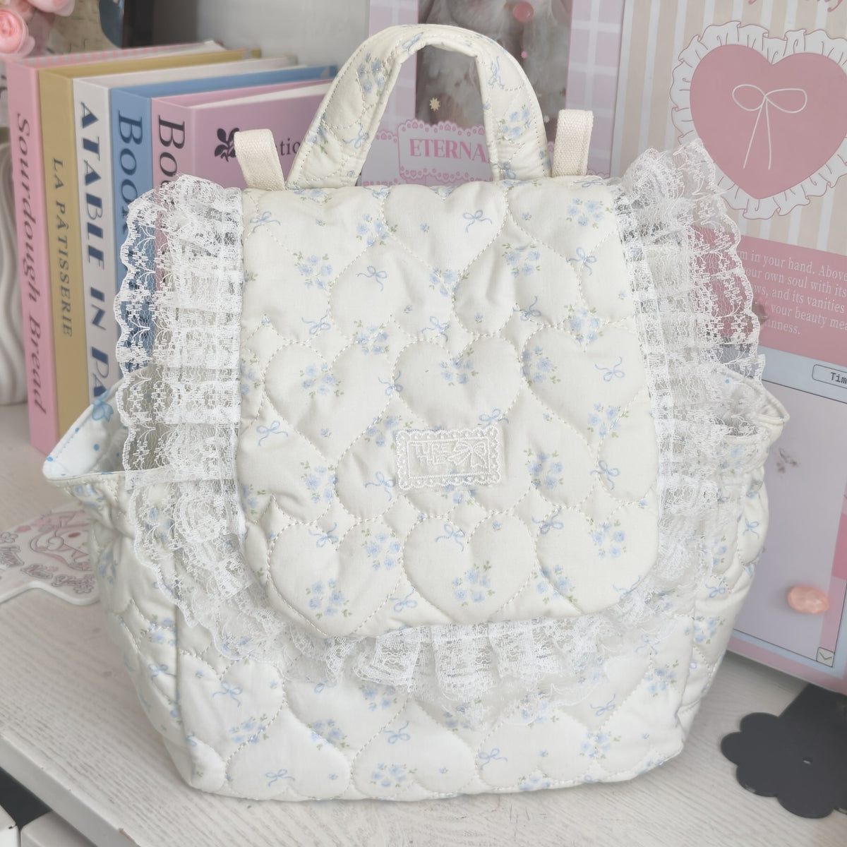 Cream Floral Quilted Backpack