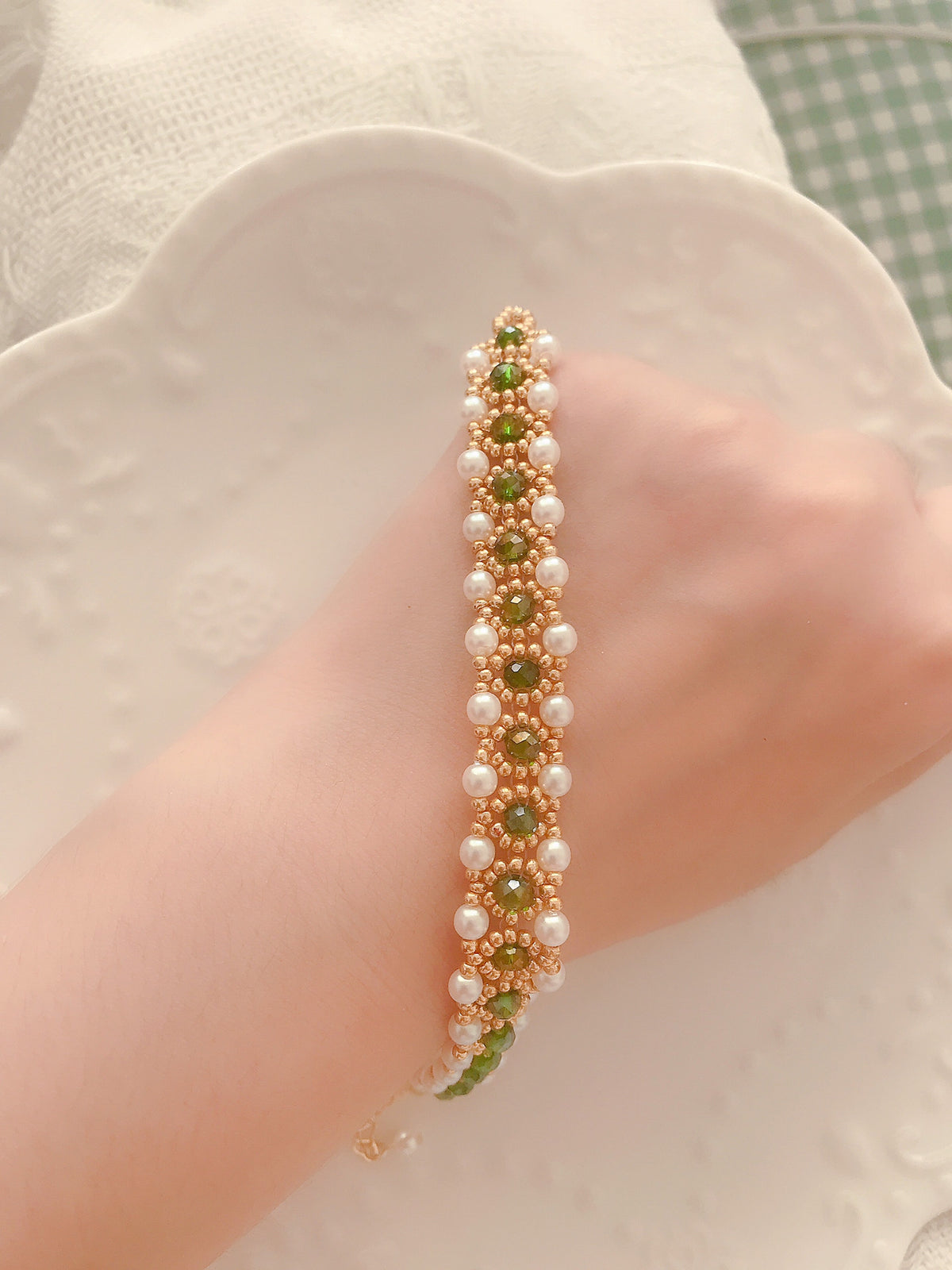 Pearl Crystal Beaded Bracelet 14k Gold Plated
