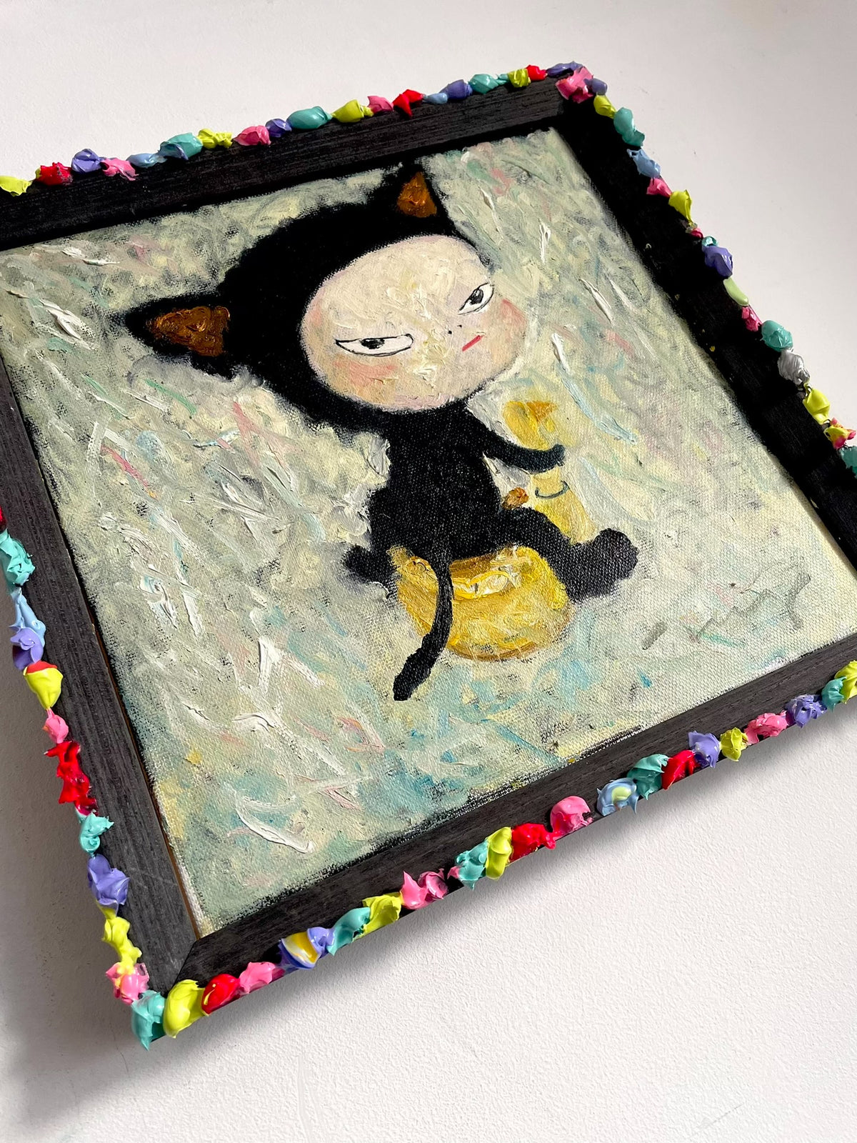 Handpainted Oil Painting Black Cat Figure