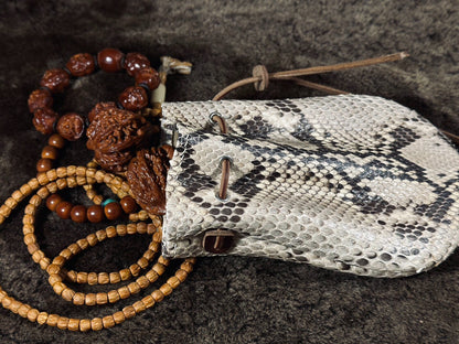 Handmade Leather Pouch with Snake Skin Pattern and Drawstring Closure